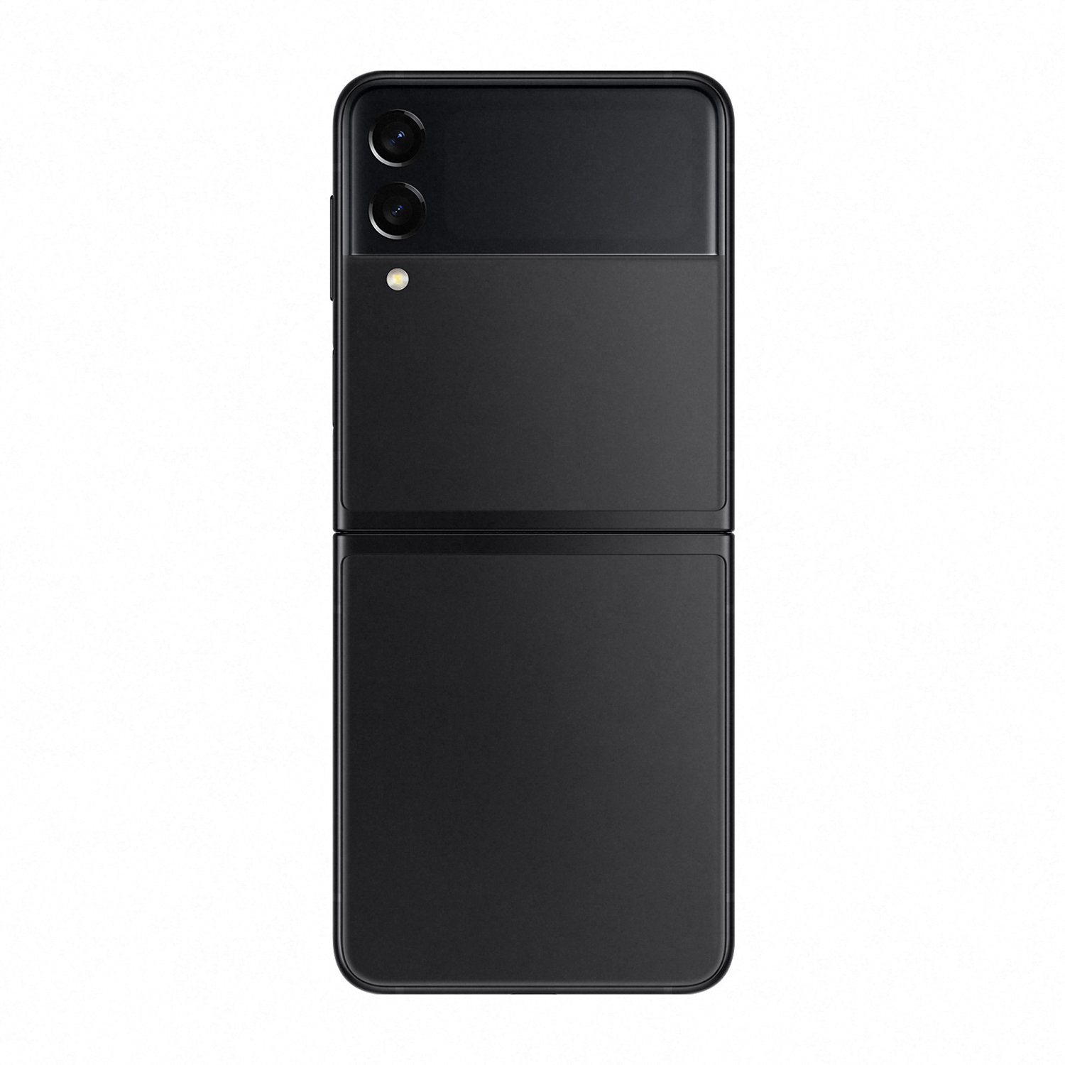 Un teléfono inteligente plegable negro, cerrado, mostrando la parte trasera con cámaras.