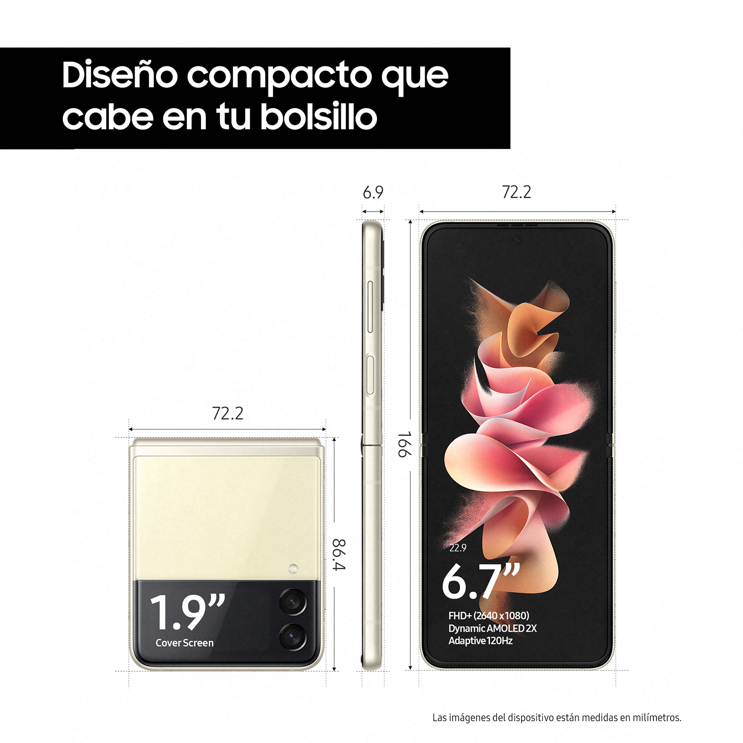 Smartphone Samsung Galaxy Z Flip3 en tres vistas. Las dimensiones se muestran con texto.