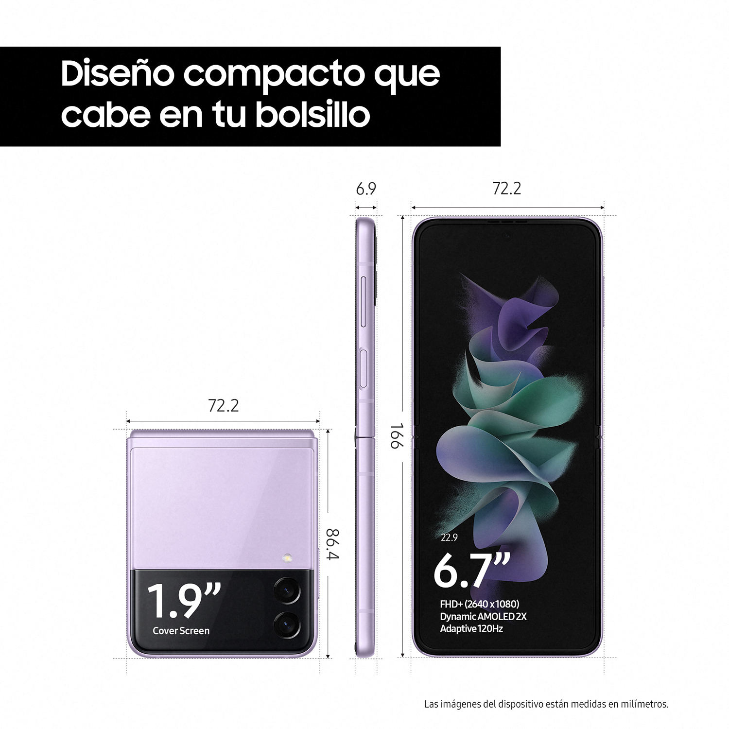 Smartphone en tres vistas con medidas y especificaciones, sobre blanco.