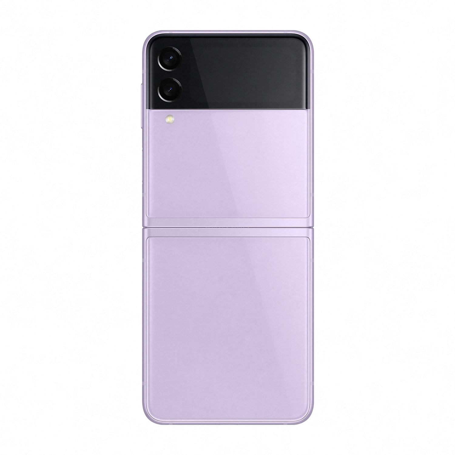 Teléfono plegable morado, abierto. Vista trasera con dos cámaras y flash.
