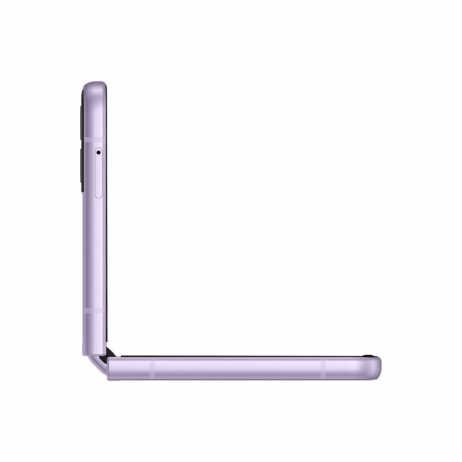 Teléfono plegable morado, parcialmente abierto, mostrando la pantalla, sobre fondo blanco.
