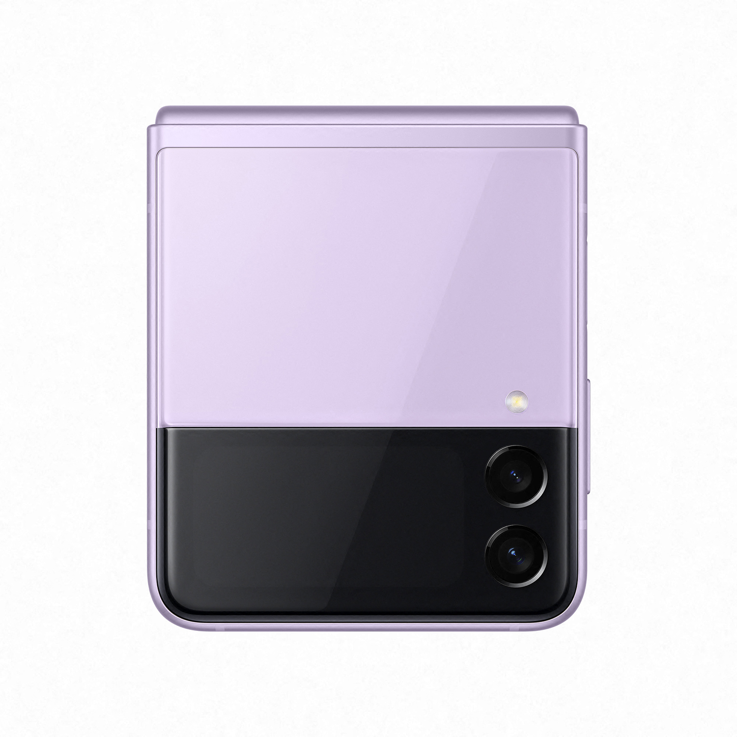 Un teléfono Samsung morado, plegado. Tiene dos cámaras y una luz en un lado, y negro en el otro.