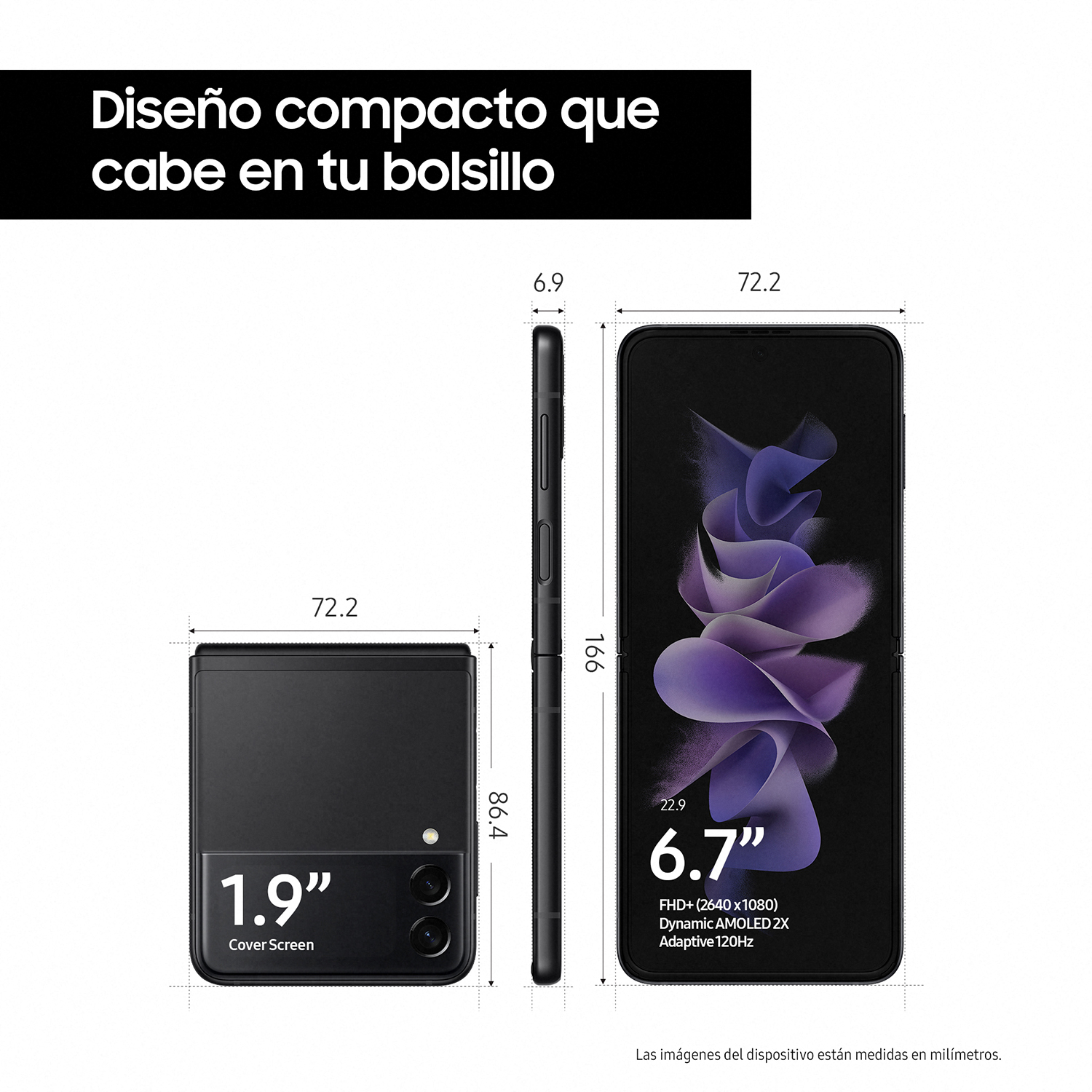 Diagrama de un teléfono plegable con dimensiones y una pantalla de cubierta de 1.9".