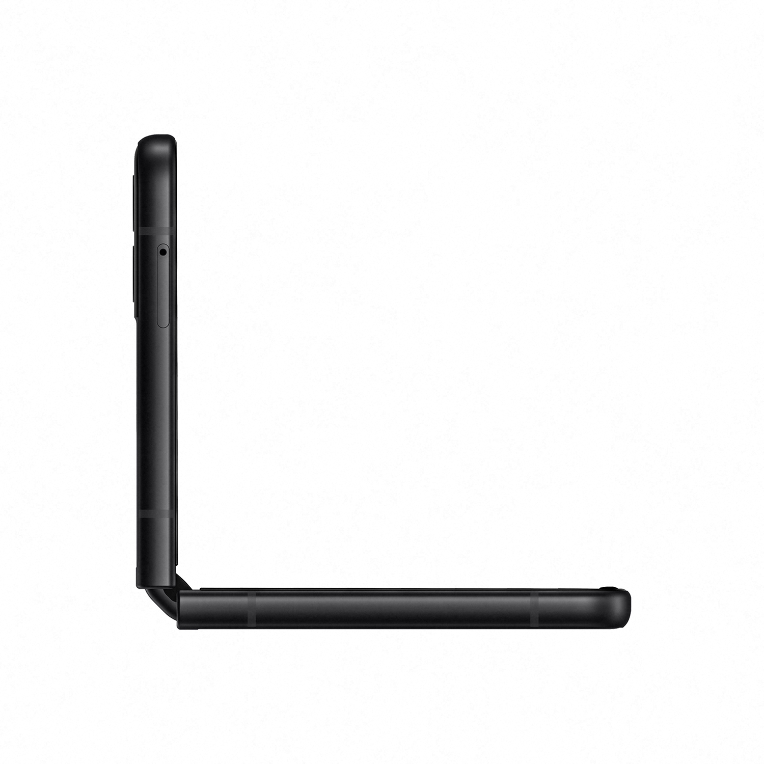 Teléfono plegable negro en forma de L. El teléfono está sobre un fondo blanco.