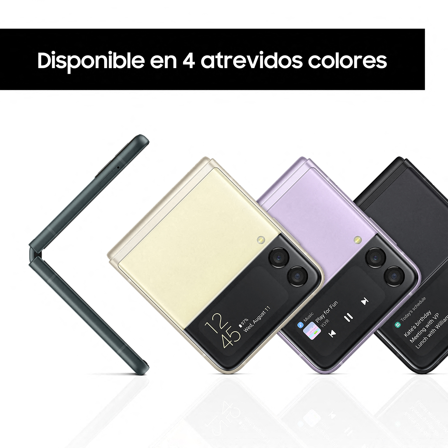 Cuatro teléfonos inteligentes plegables en diferentes colores. Negro, amarillo, morado y verde. Fondo blanco.