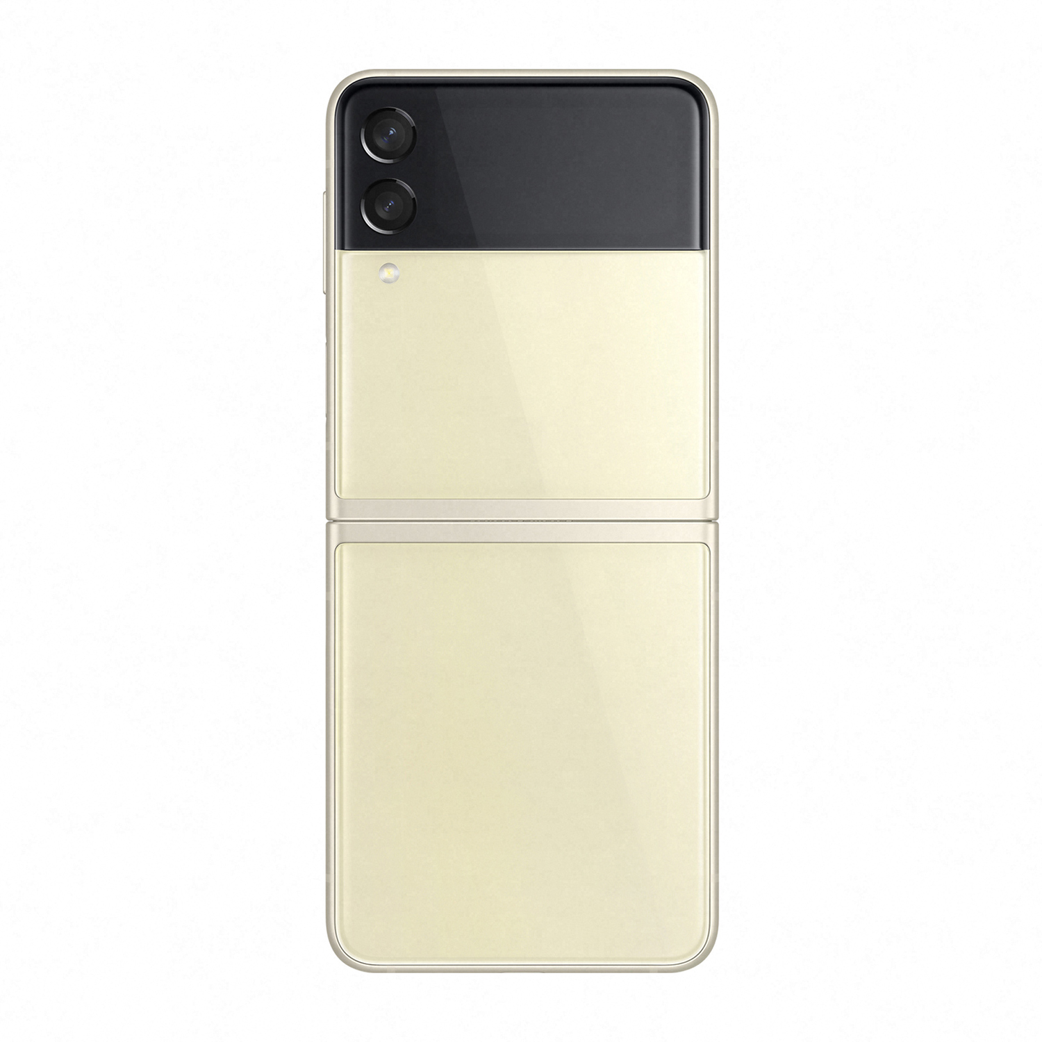 Teléfono plegable color crema, cerrado, con parte superior negra y cámaras duales.