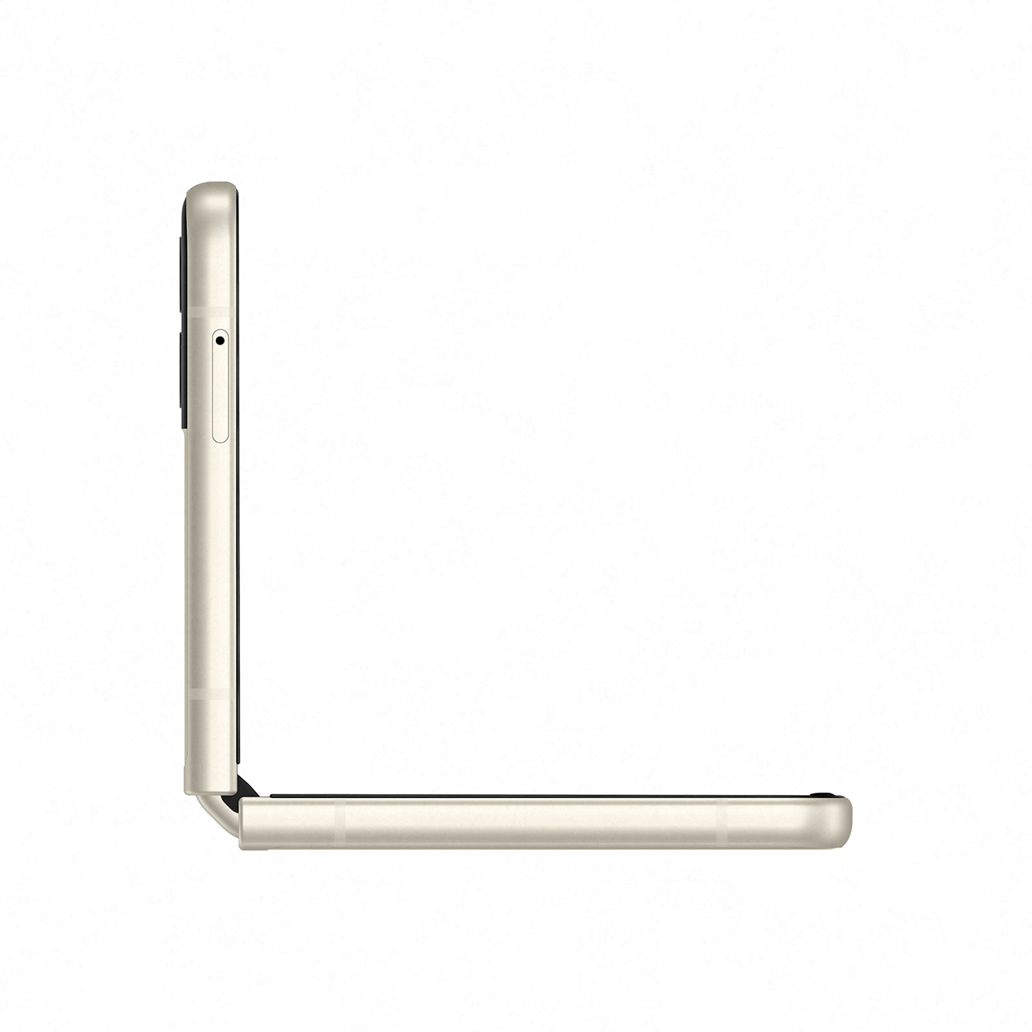 Teléfono beige plegado. Vista lateral muestra bisagra, cámara y pantalla.