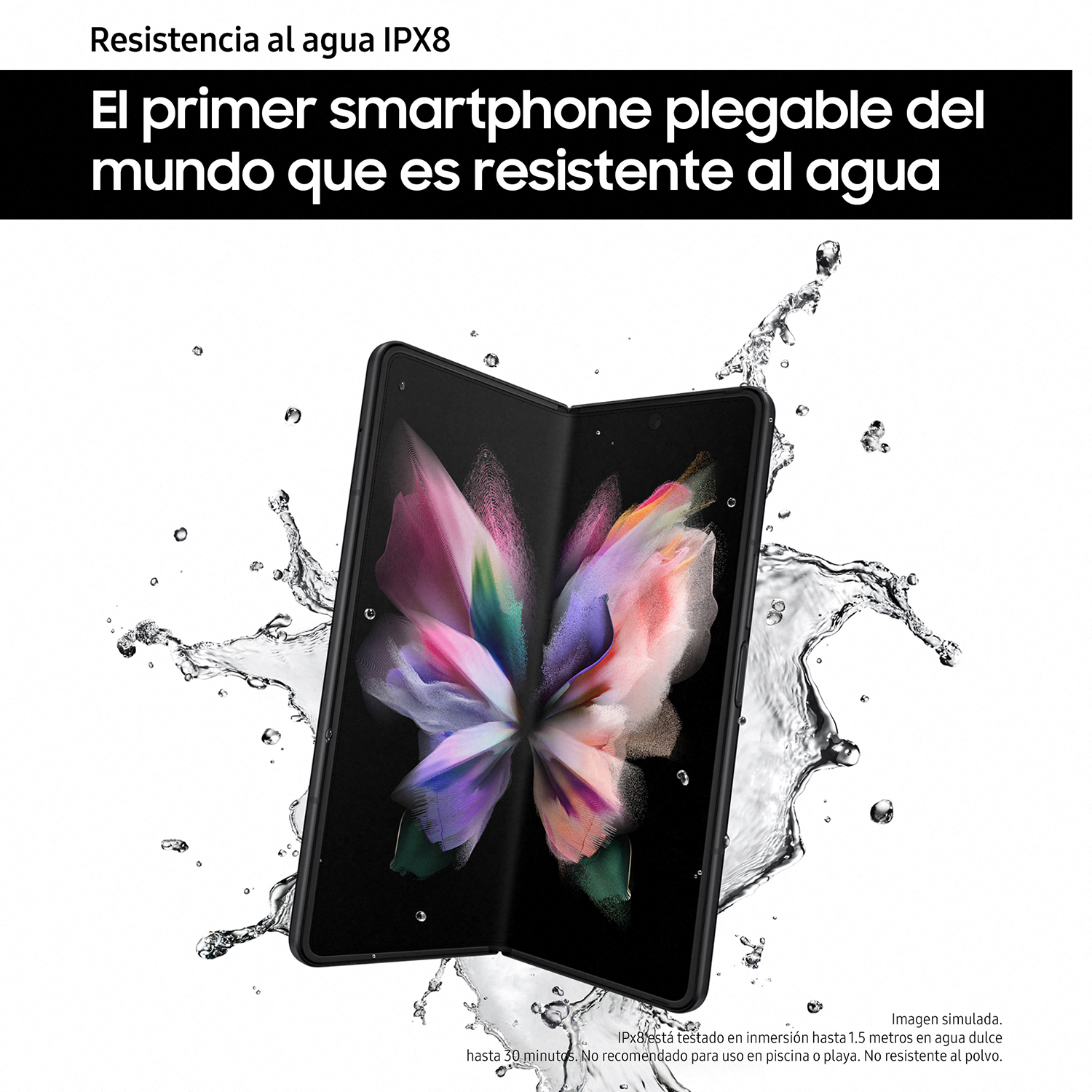 Teléfono inteligente plegable abierto, salpicaduras de agua, texto.