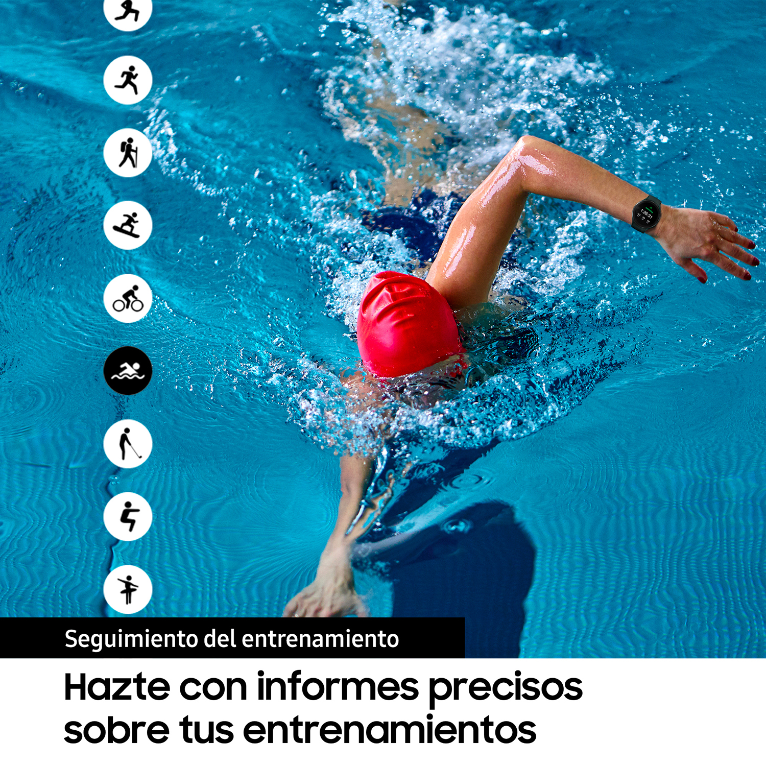 Una persona nada en una piscina, con iconos que indican tipos de entrenamiento alrededor.