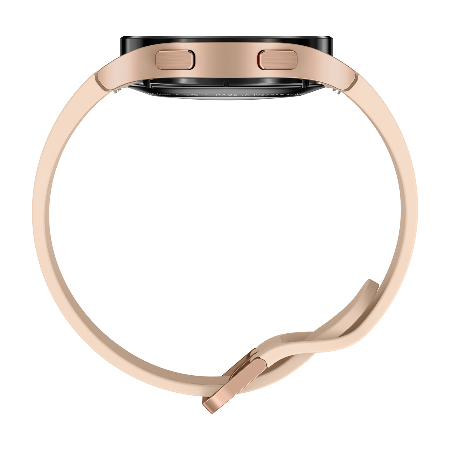Vista lateral de un smartwatch beige, la correa también es beige. La esfera del reloj es negra. Se ve Made in Vietnam.