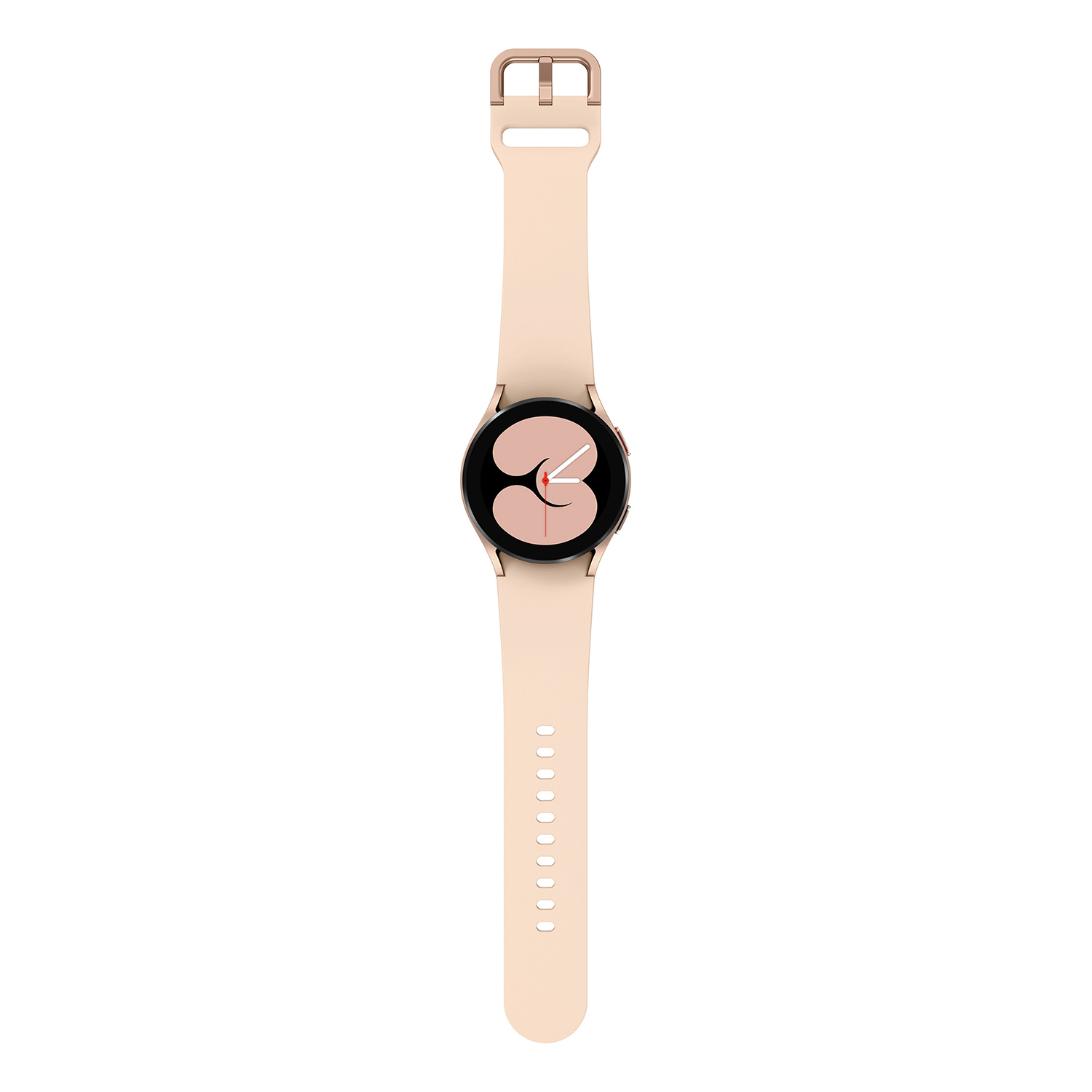 Smartwatch rosa con pantalla redonda y correa rosa claro.