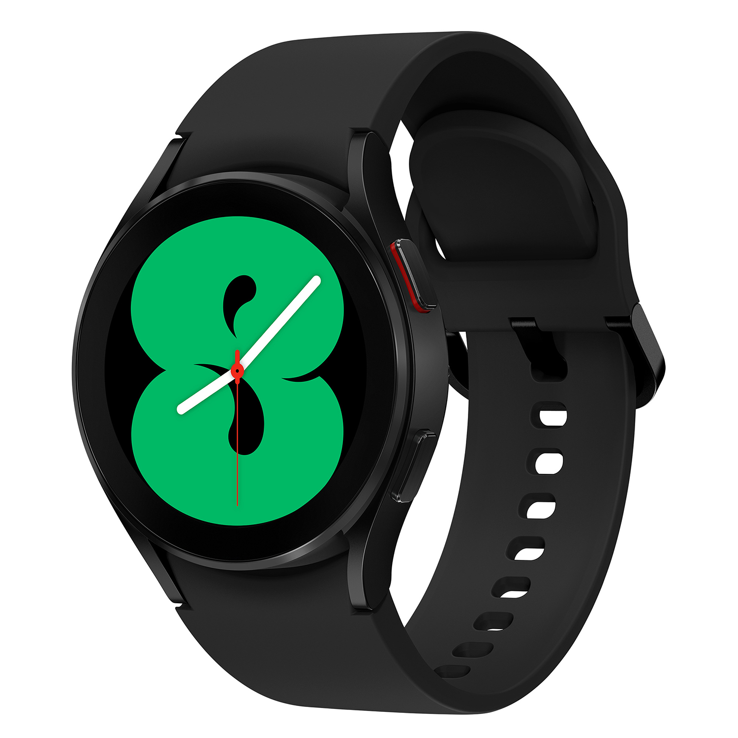 Un reloj inteligente negro con una esfera verde que muestra el número 8 en blanco.