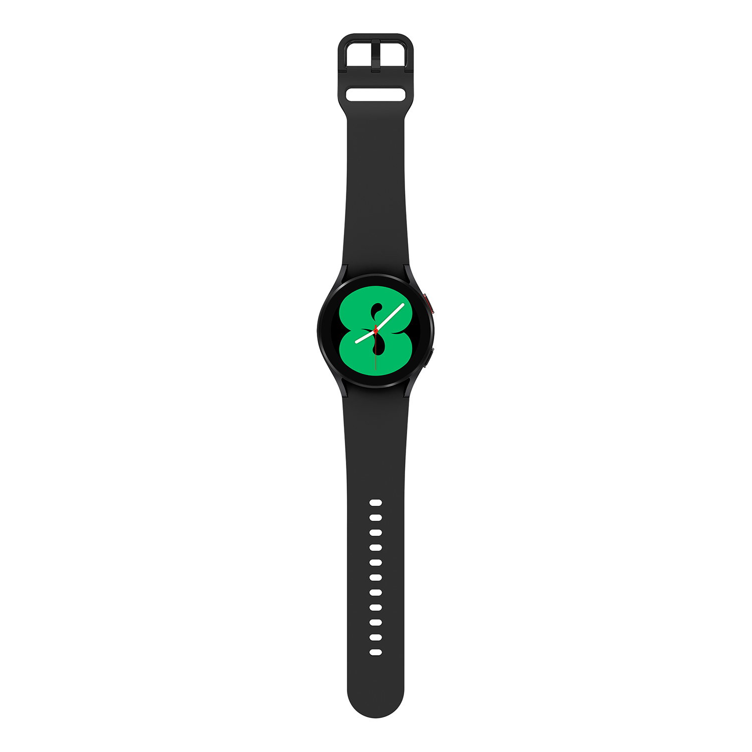 Un reloj inteligente negro con una pantalla verde que muestra el número 8. La correa es negra.
