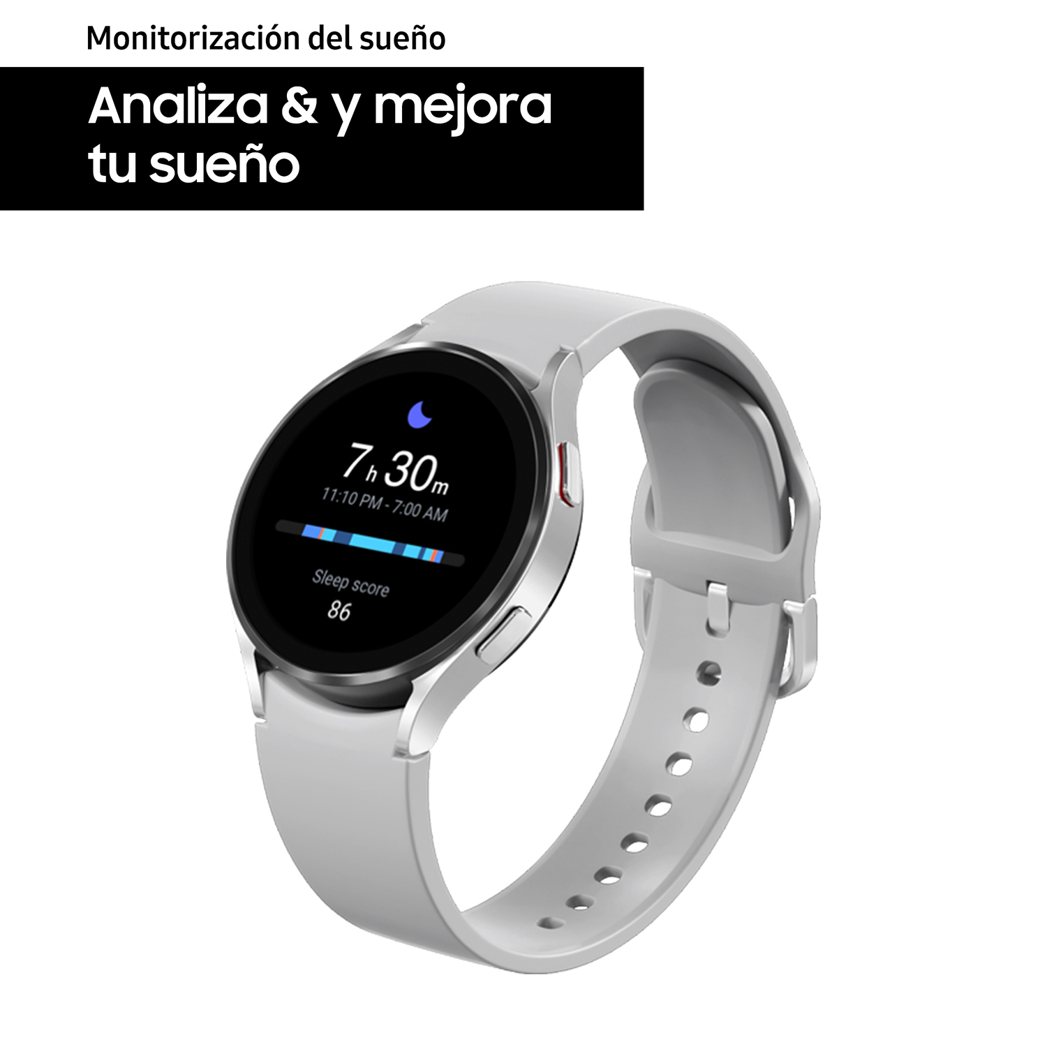 Smartwatch mostrando datos de sueño, incluyendo tiempo, puntuación y patrón de sueño coloreado.