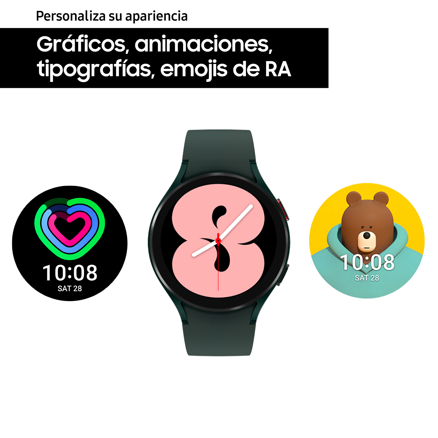 Smartwatch con tres esferas diferentes. Una con diseño de corazón, otra con icono de oso.