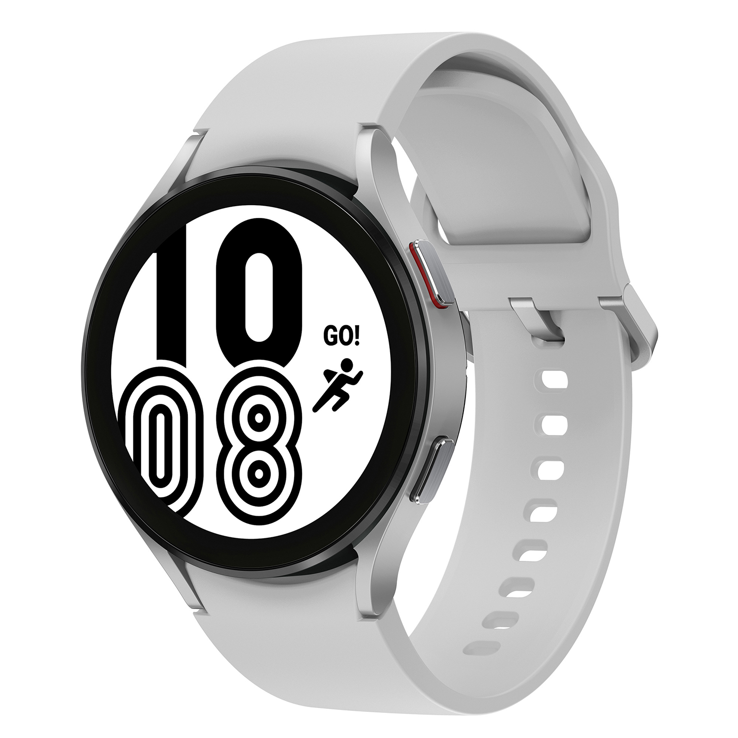 Reloj inteligente blanco con pantalla negra que muestra la hora. La correa es blanca. La pantalla muestra 10:08.