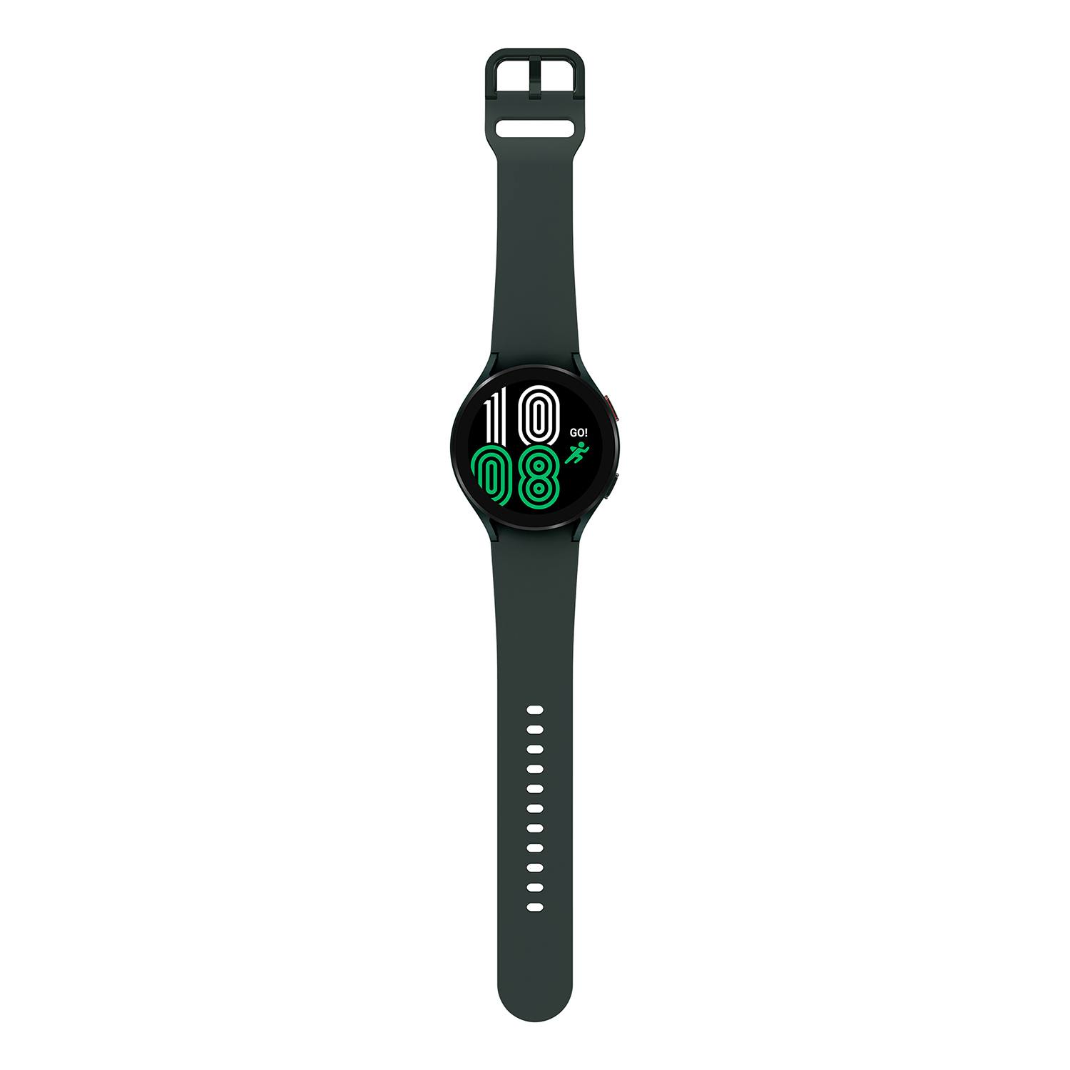 Smartwatch verde oscuro con correa verde. Pantalla negra que muestra la hora y datos de actividad. Fondo blanco.