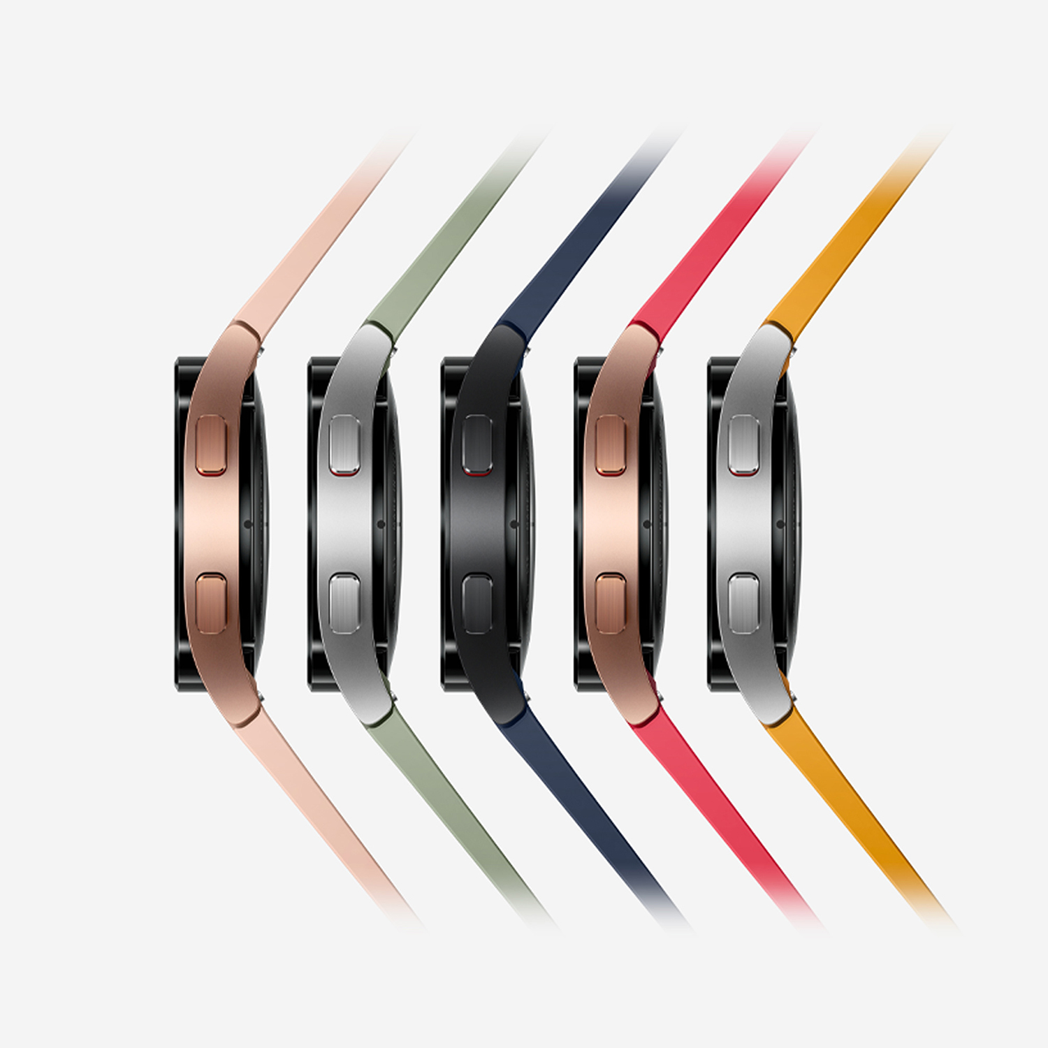 Primer plano de seis smartwatches en varios colores; oro rosa, plata, negro, oro rosa y correas amarillas.