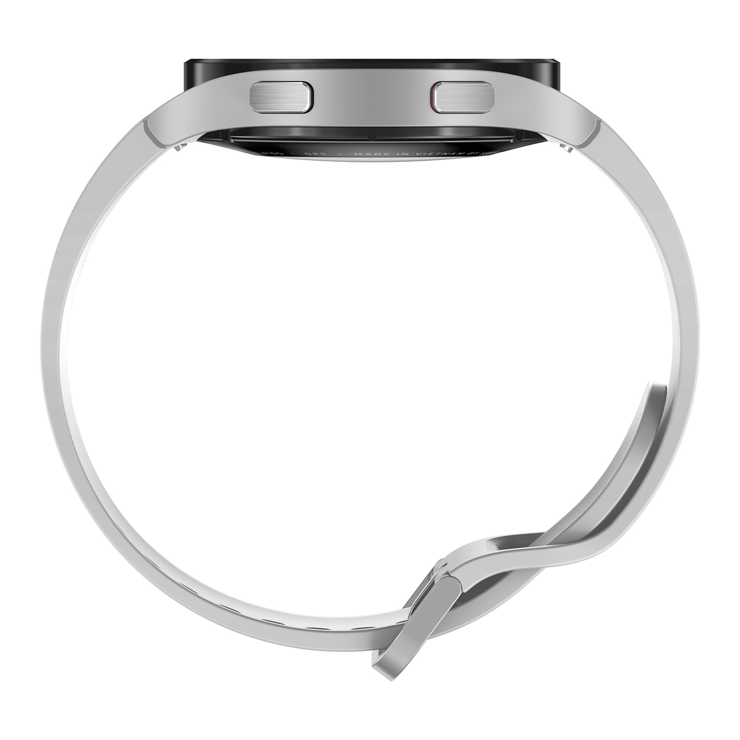 Vista lateral de un smartwatch plateado, también correa plateada. La esfera del reloj es negra. Se ven las palabras 'Made in Vietnam'.