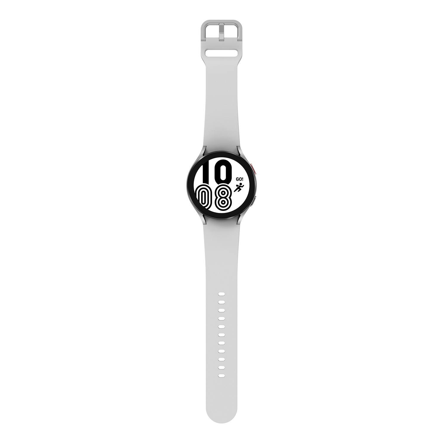 Smartwatch blanca con correa blanca. La pantalla muestra la hora y datos de fitness.