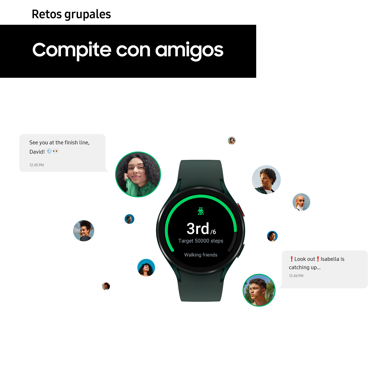Reloj inteligente con avatares de amigos y mensajes de texto. Reloj verde, fondo azul.
