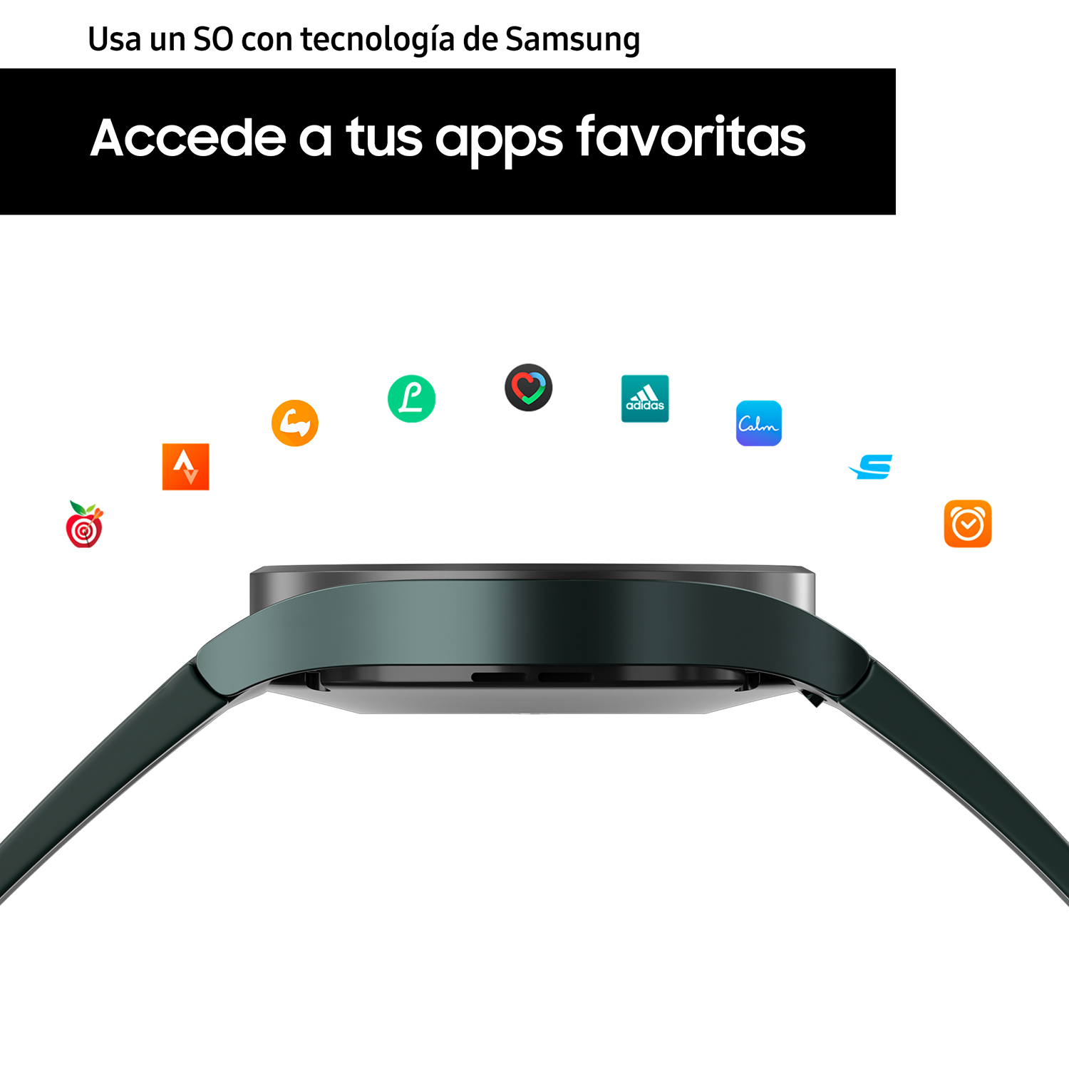 Un smartwatch con iconos de aplicaciones, el texto dice 'Accede a tus apps favoritas'.