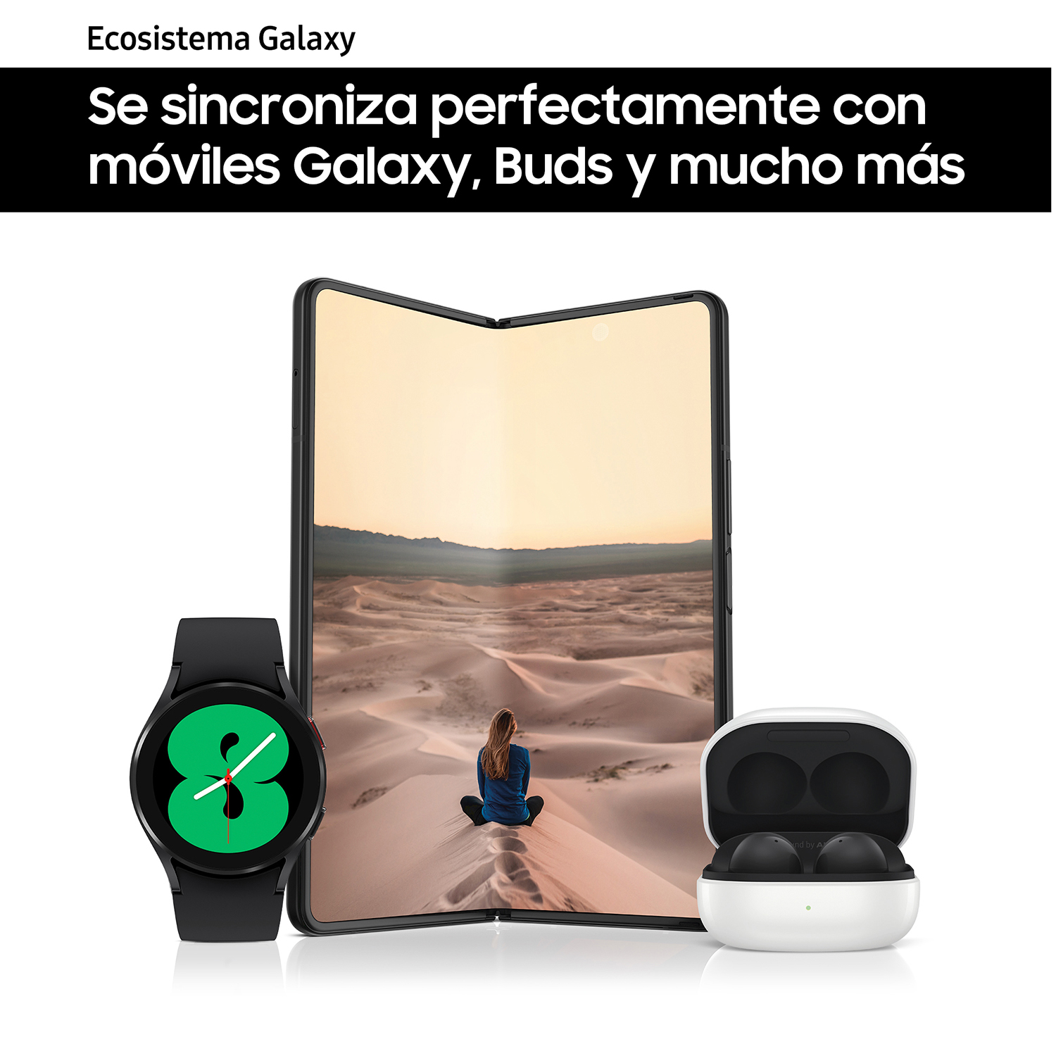 Un teléfono plegable, un reloj y auriculares se muestran en una superficie blanca. El texto menciona la compatibilidad con Galaxy.