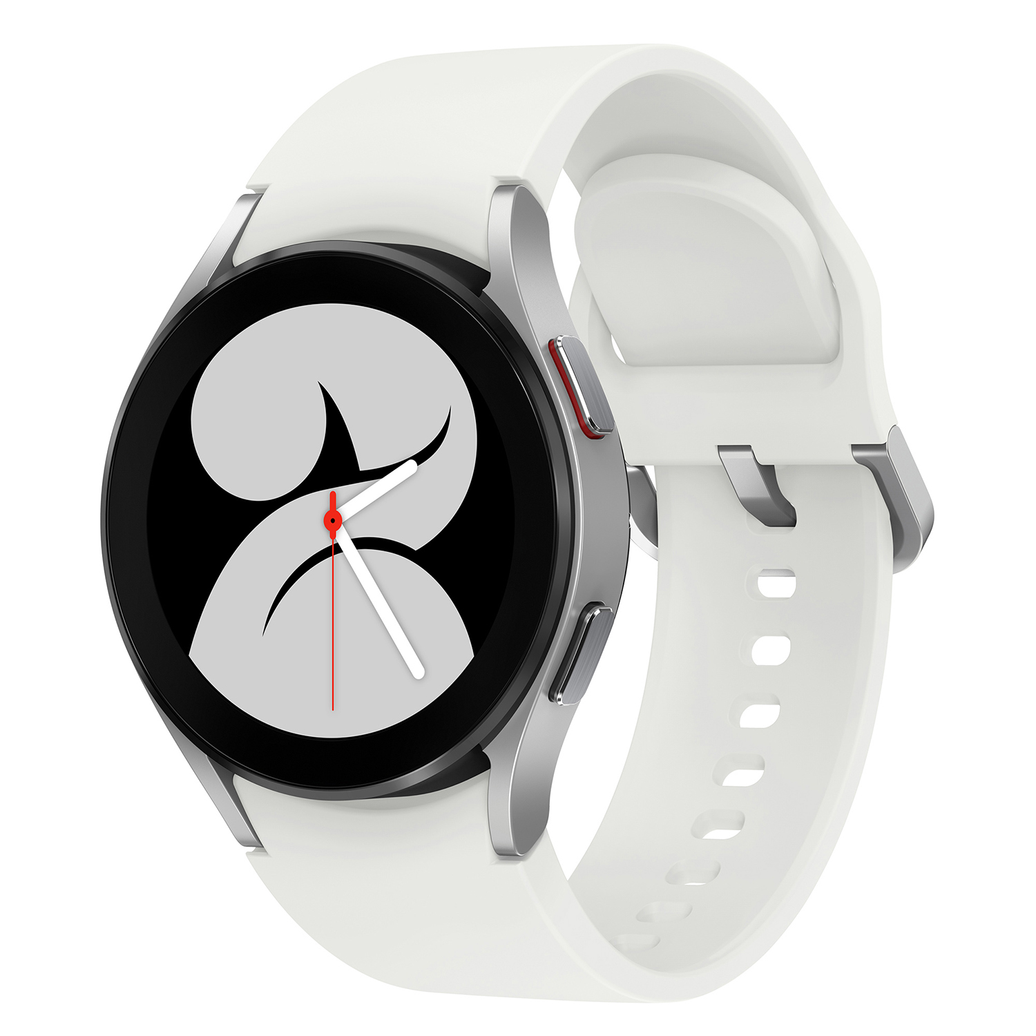 Smartwatch blanca con correa blanca, vista de cerca.