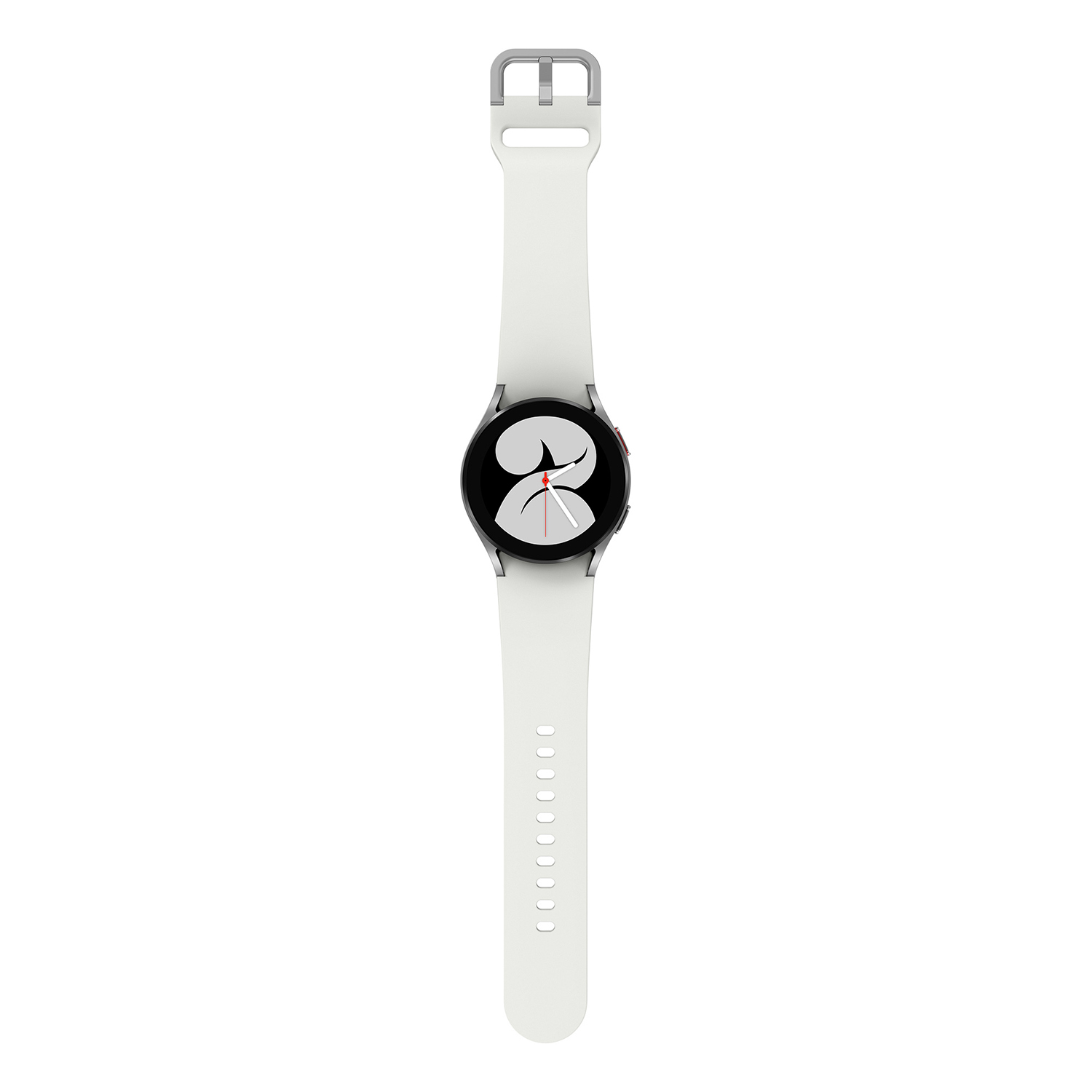 Smartwatch blanca con esfera redonda y correa blanca, el reloj muestra una esfera de reloj.