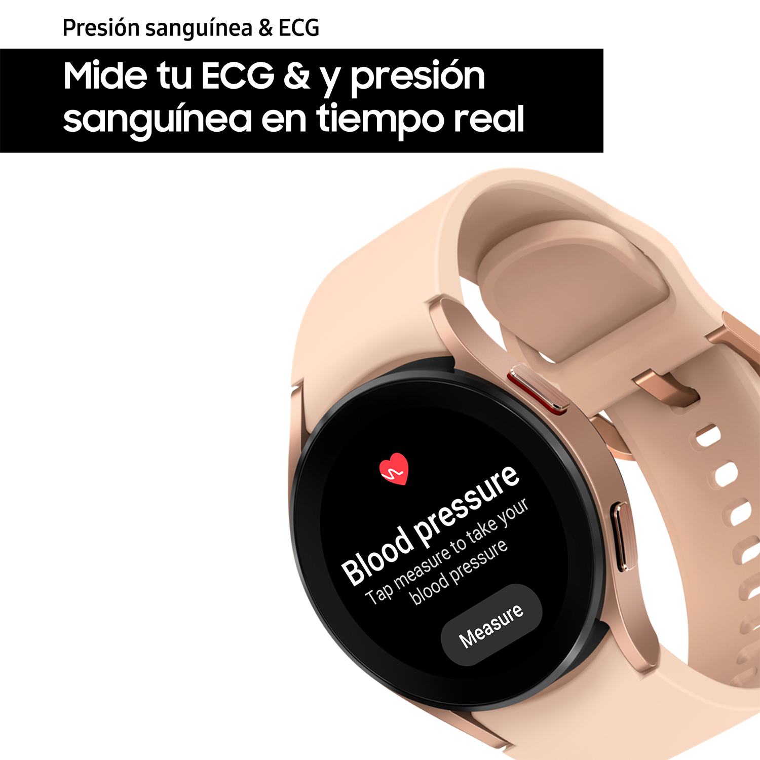 Un smartwatch muestra la presión arterial. Es oro rosa con una correa rosa, y la pantalla es negra.
