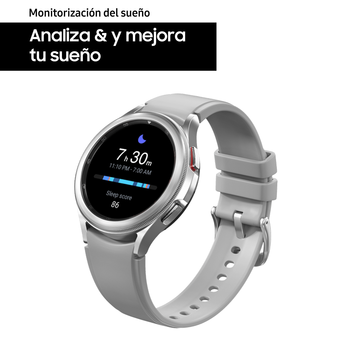 Smartwatch con correa gris, mostrando puntuación de sueño 86 y duración.