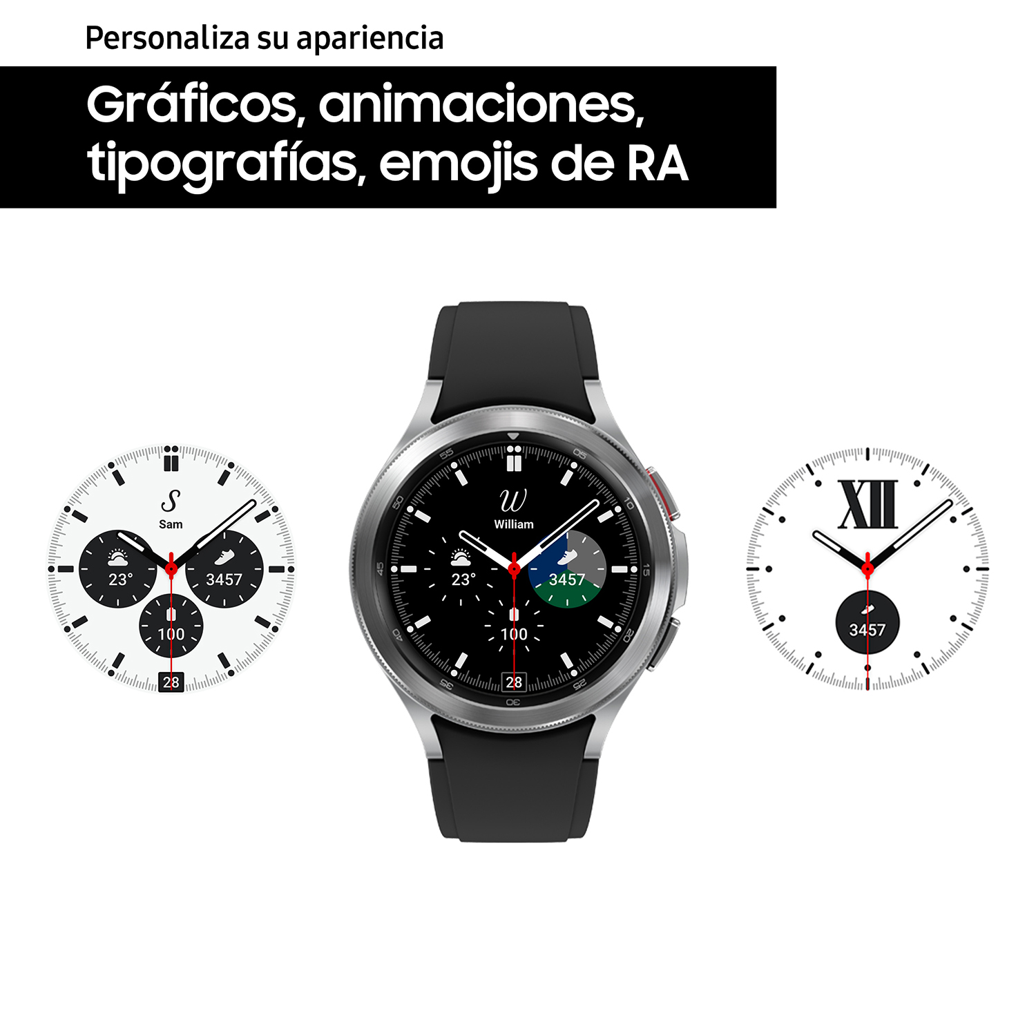 Tres esferas de reloj inteligente sobre fondo blanco. Texto: Personaliza apariencia, gráficos, animaciones, tipografía, emojis.