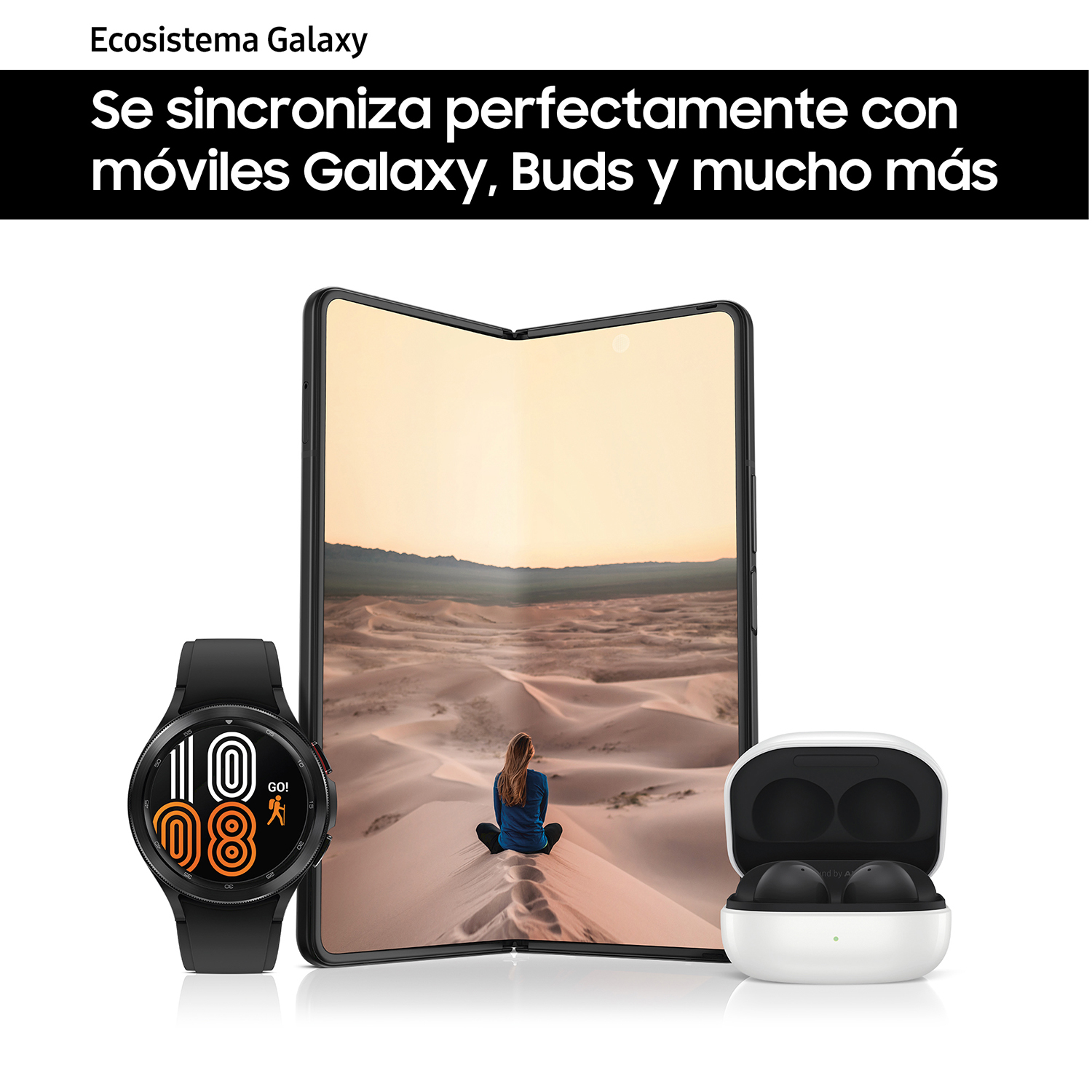 Un reloj inteligente, auriculares y un teléfono plegable se muestran, con texto arriba.