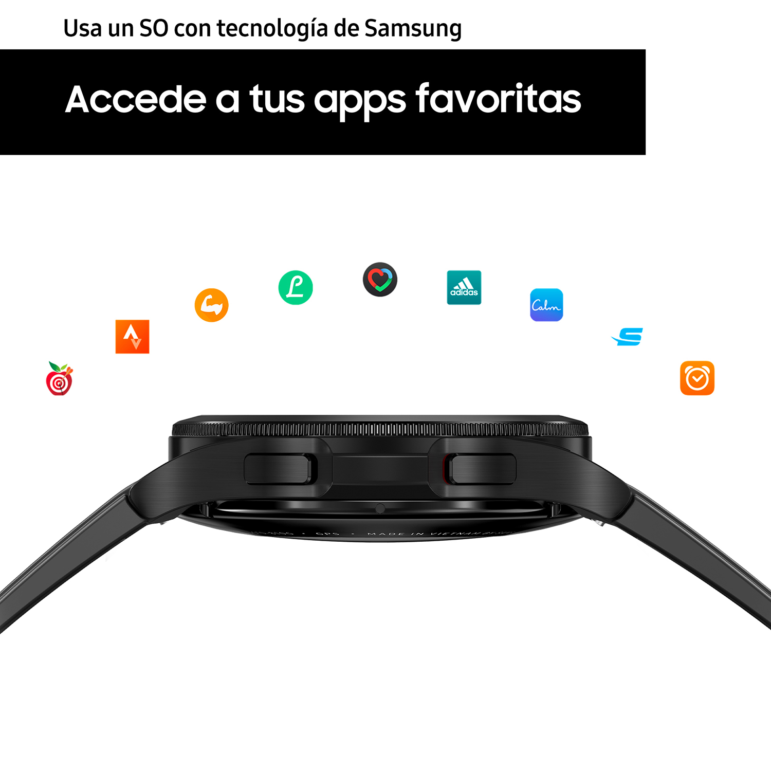 Primer plano de un smartwatch con iconos de aplicaciones en el fondo y texto encima.