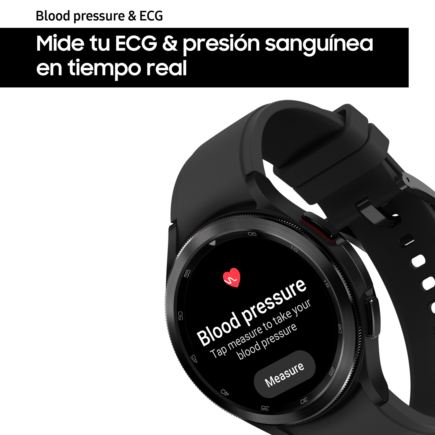 Un smartwatch muestra una interfaz de medición de la presión arterial. Muestra un símbolo de corazón y 'Medir'.