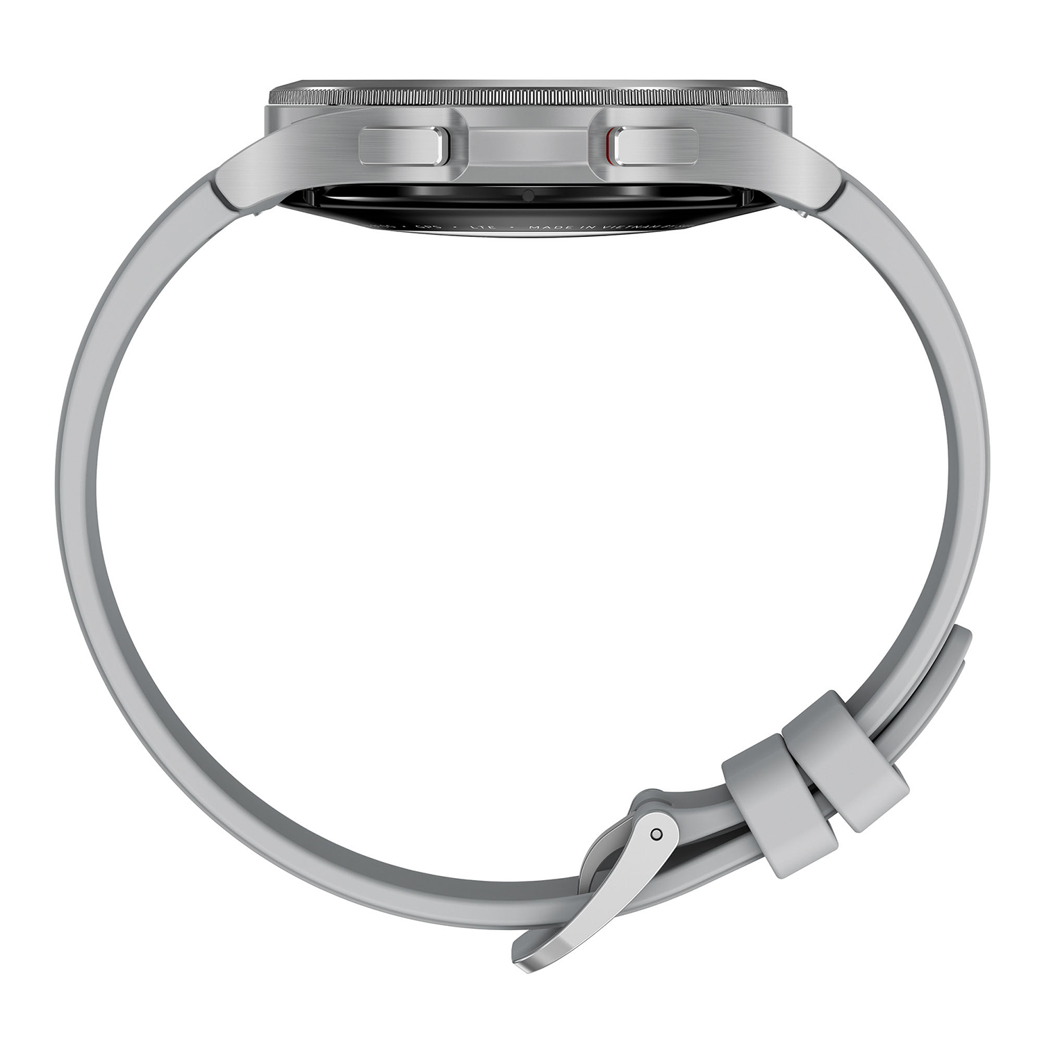 Vista lateral de un smartwatch gris con correa gris y hebilla.
