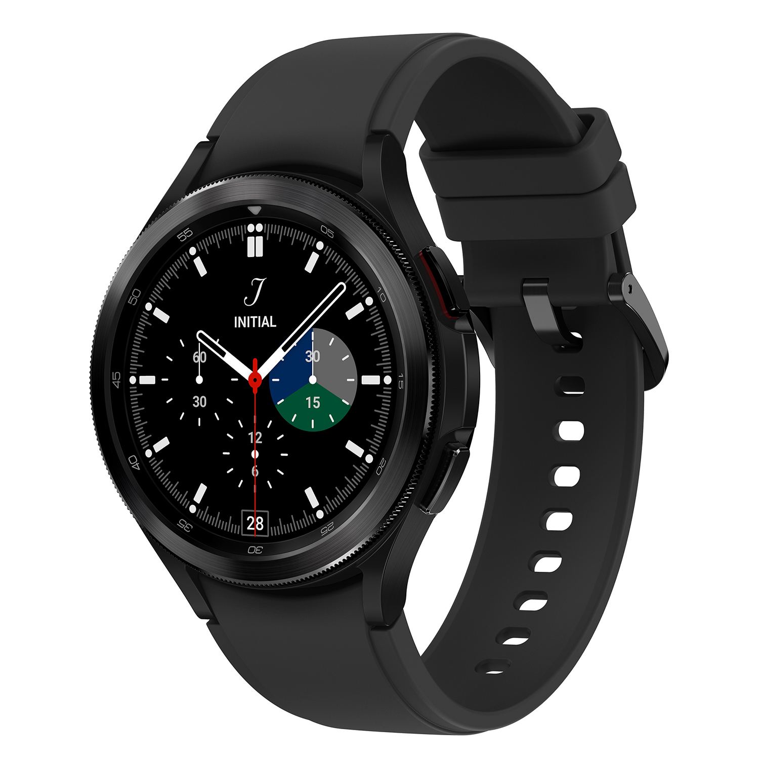 Smartwatch negra con correa negra. La esfera muestra un diseño en blanco y negro.