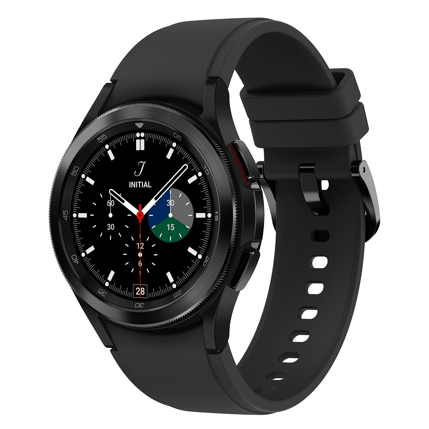 Samsung Galaxy Watch negra con correa negra, mostrando una interfaz colorida.