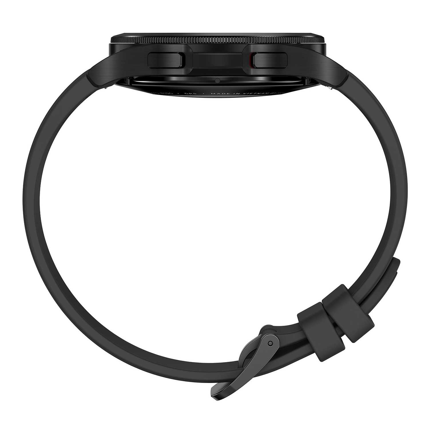 Perfil lateral de un reloj inteligente negro con una correa negra. Muestra botones y detalles.