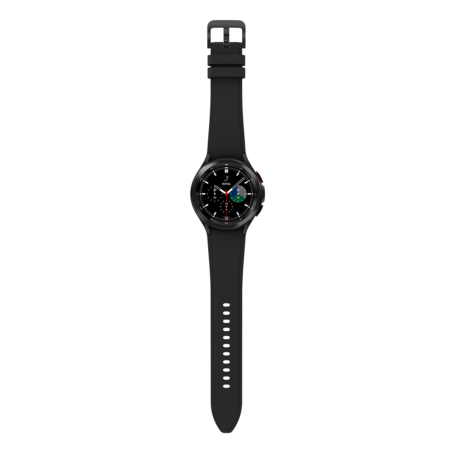 Smartwatch negra con pantalla circular y correa negra. El reloj está centrado.