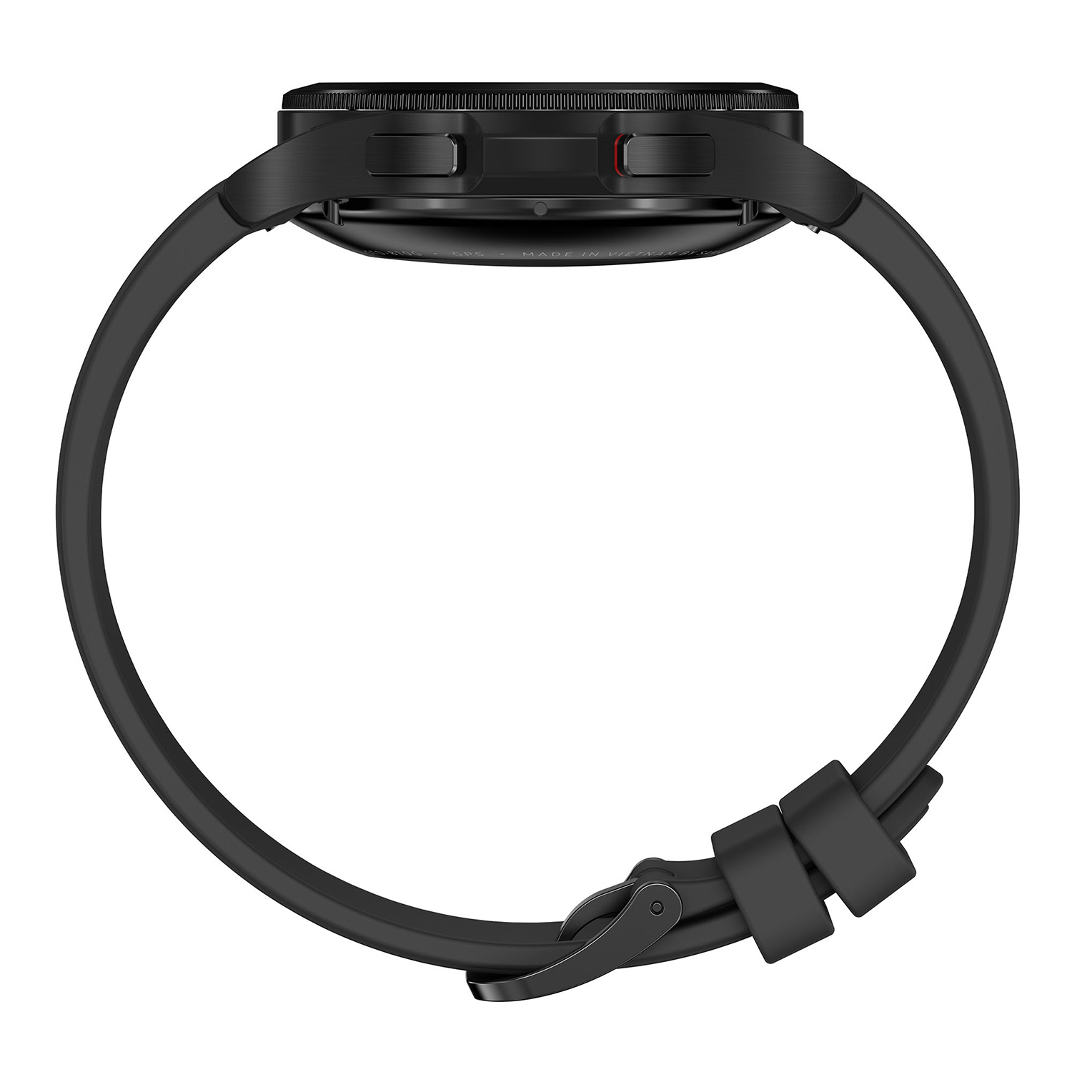 Reloj inteligente negro con correa negra, vista lateral, sobre fondo negro.