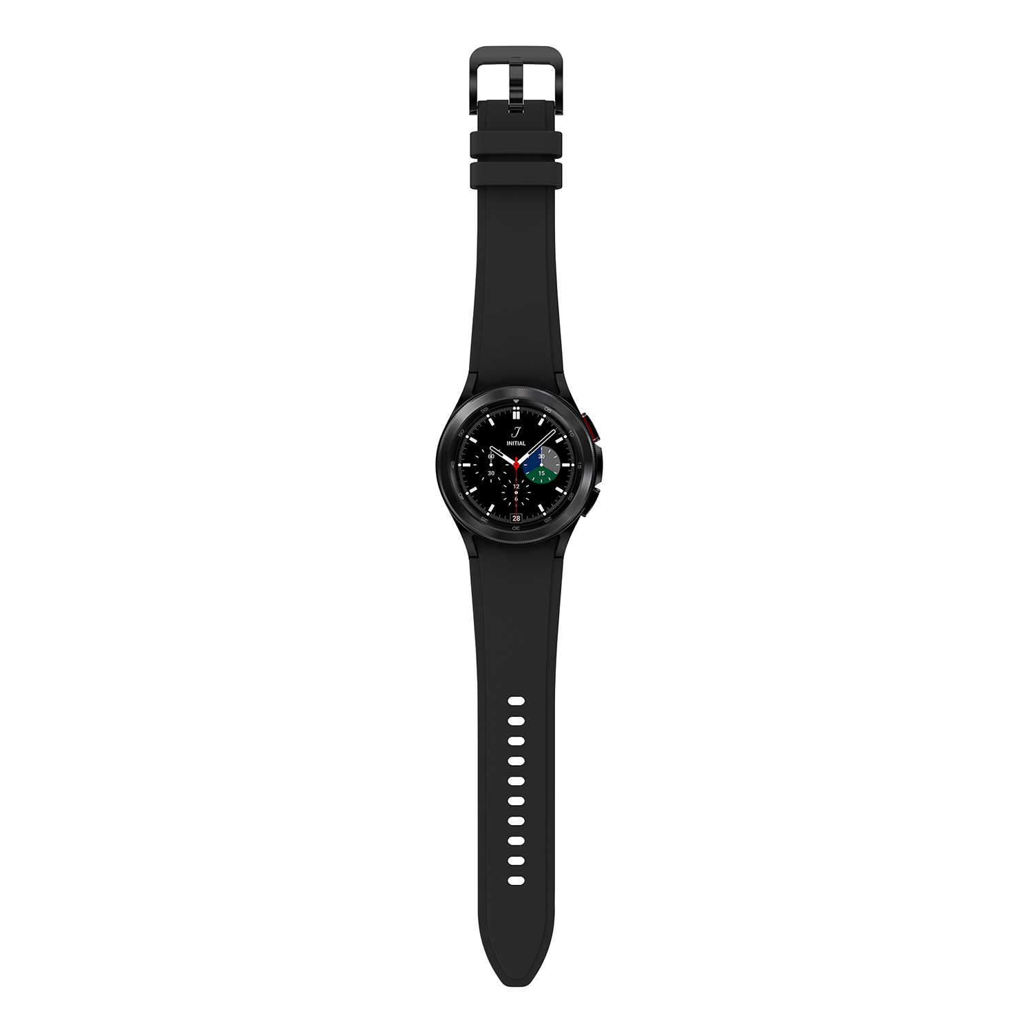 Un reloj inteligente negro con correa negra. La esfera muestra la hora, la fecha y otros datos.