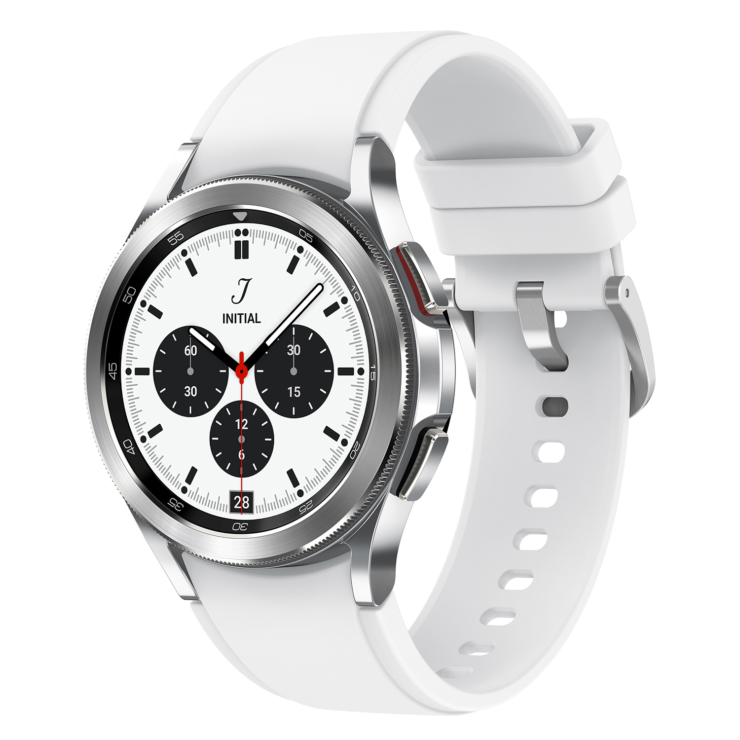 Un reloj inteligente blanco con bisel plateado y correa blanca, sobre fondo blanco.
