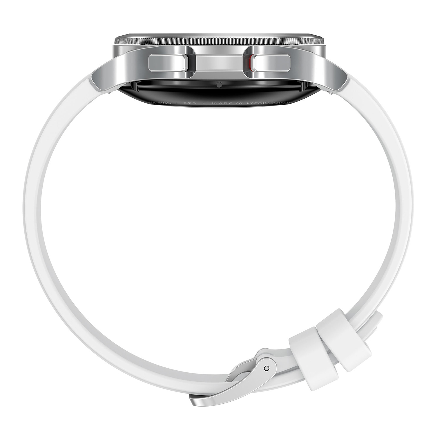 Reloj inteligente blanco con bisel plateado y correa blanca, vista lateral.