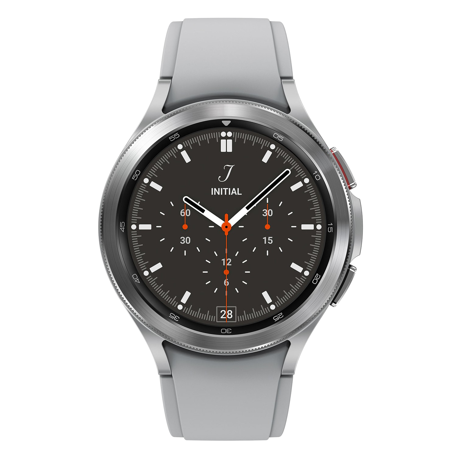 Un reloj inteligente plateado y negro con una esfera oscura y una correa gris. Se muestra.