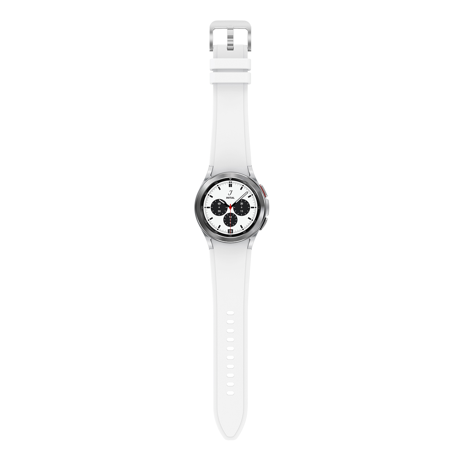 Un reloj inteligente blanco con una correa blanca se muestra, con una caja plateada.