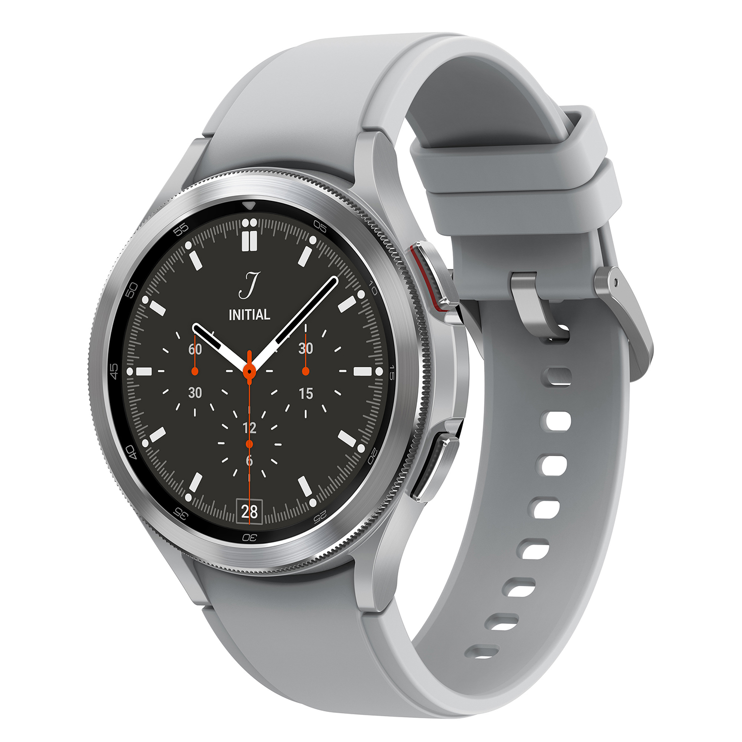 Smartwatch plateado y gris con esfera negra y correa gris, vista en ángulo.
