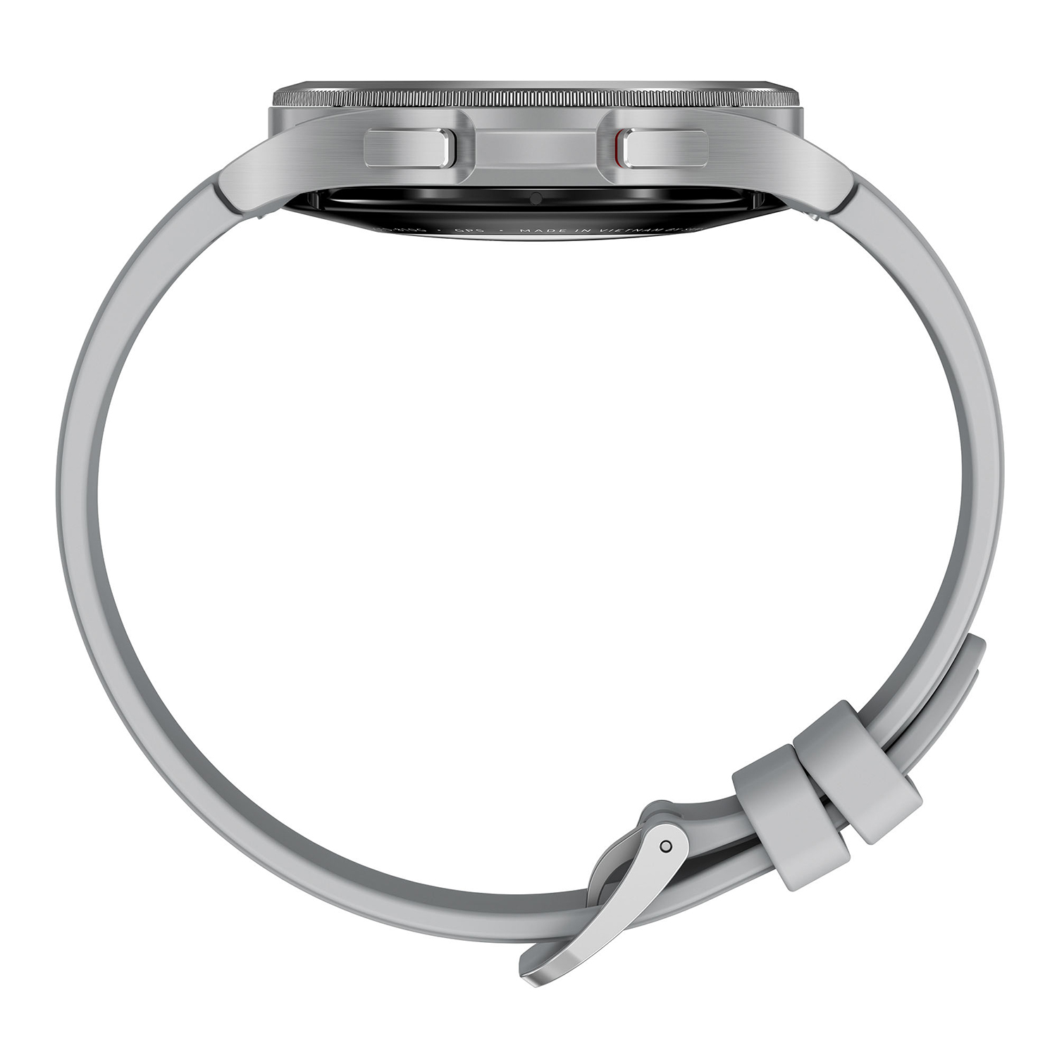 Vista lateral de un Samsung Galaxy Watch 4 blanco con correa blanca, mostrando el cuerpo.