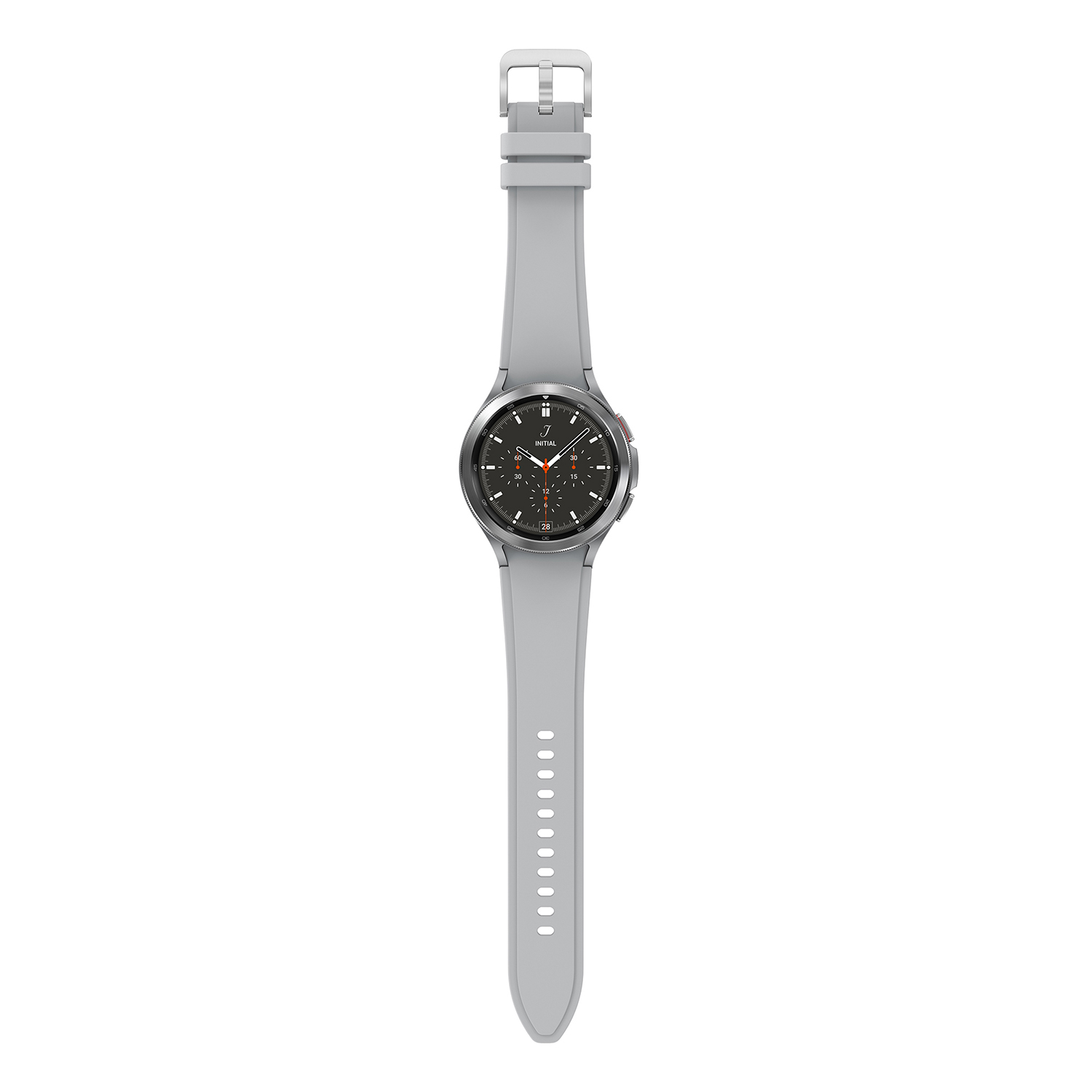 Un reloj inteligente gris con esfera redonda y correa gris, sobre fondo blanco.