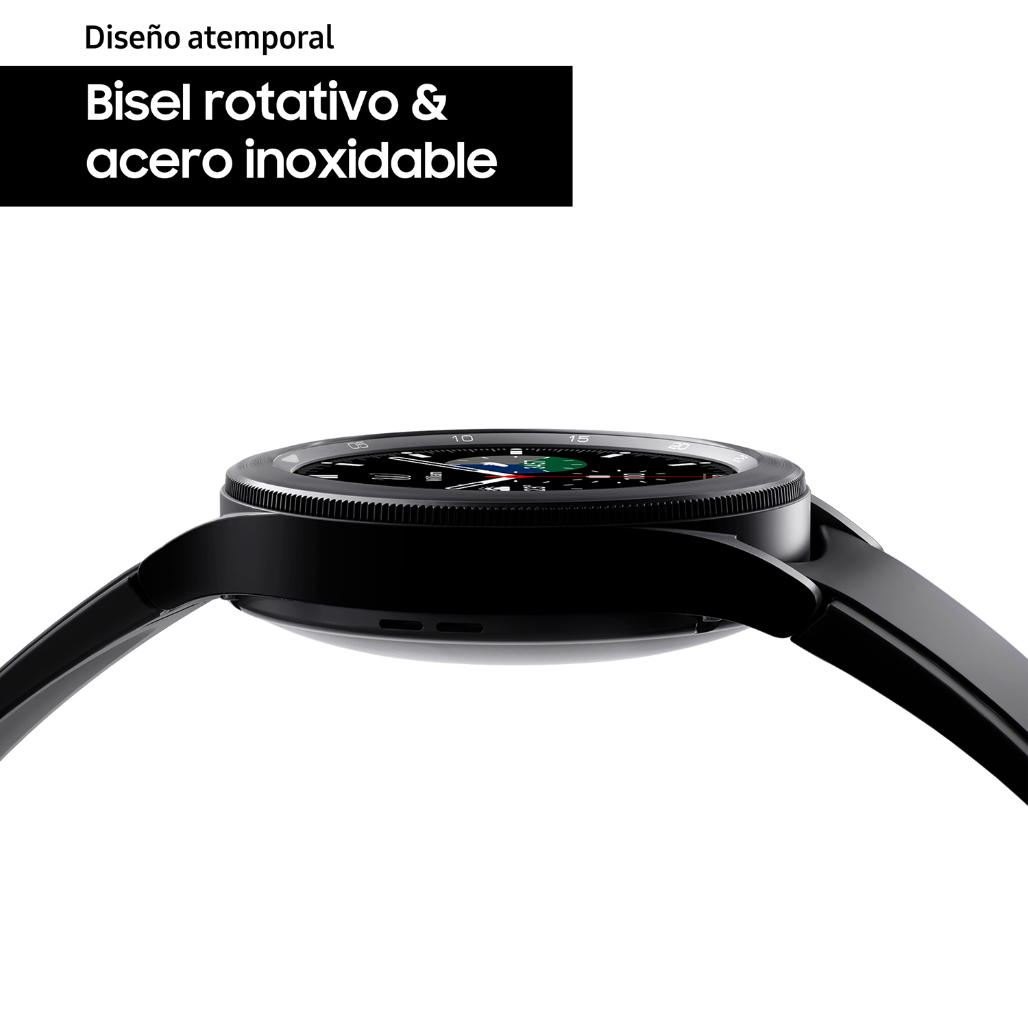 Primer plano de un reloj inteligente negro que muestra la vista lateral del reloj y la correa.